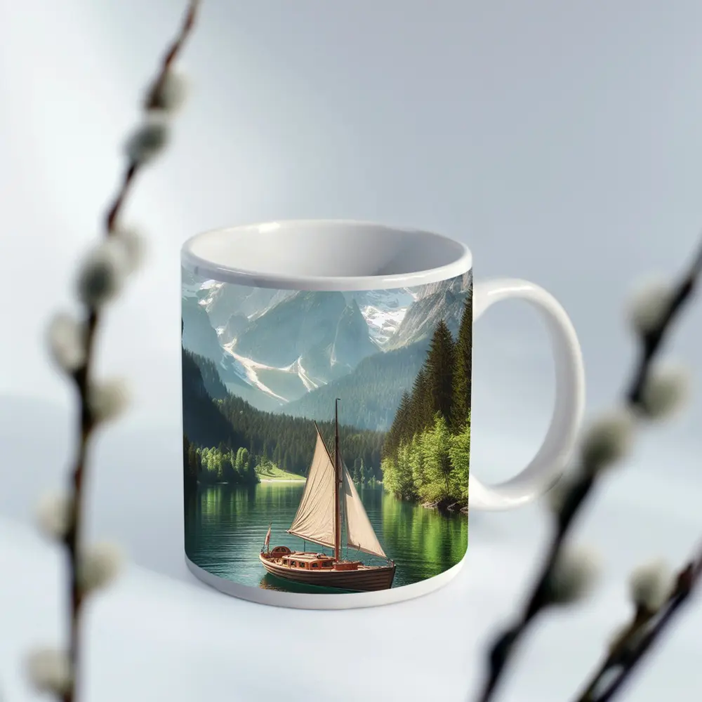 Sailboat on Calm Alpine Mountain Lake – Mugs