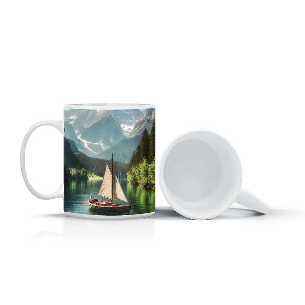 Sailboat on Calm Alpine Mountain Lake – Mugs