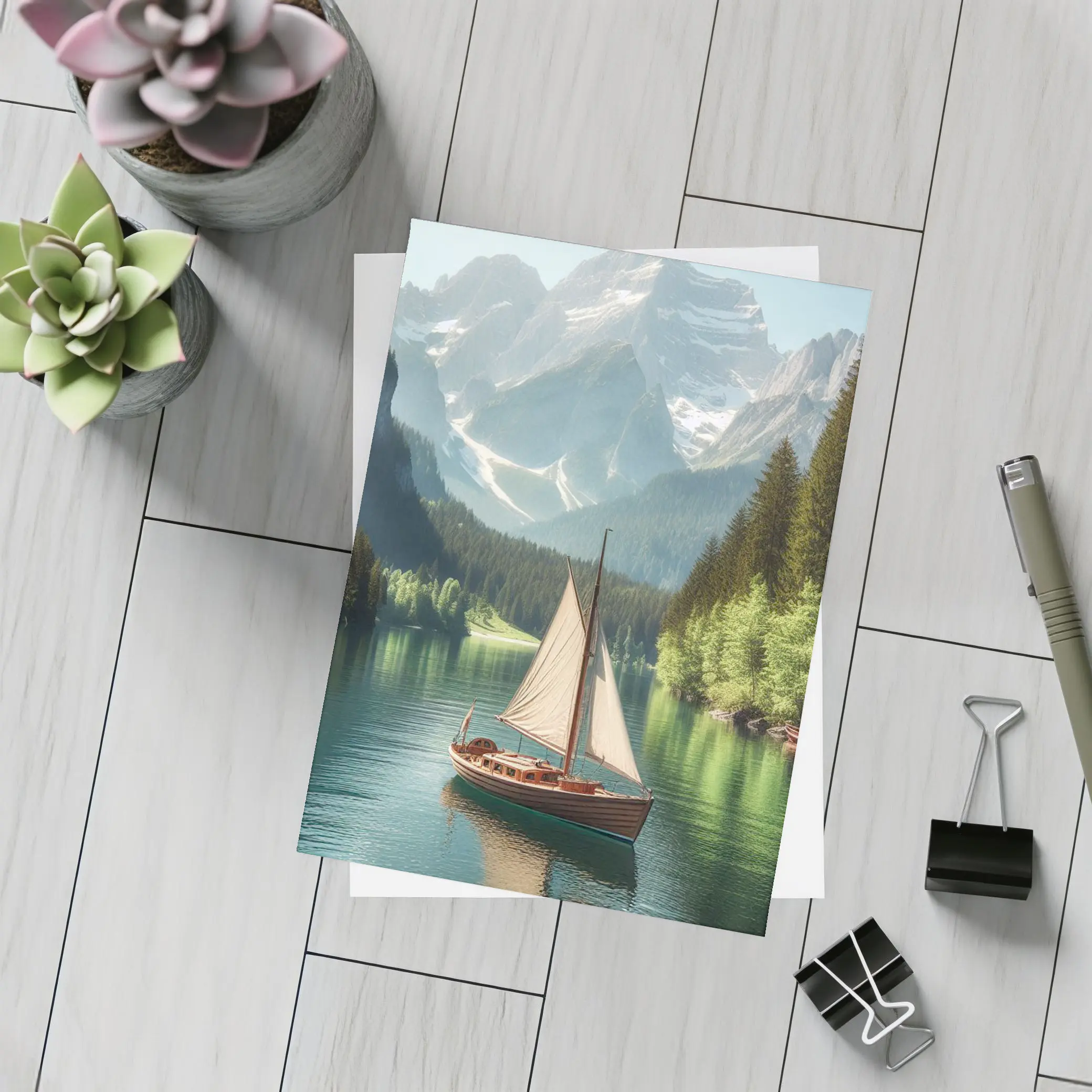 Sailboat on Calm Alpine Mountain Lake – Postcards