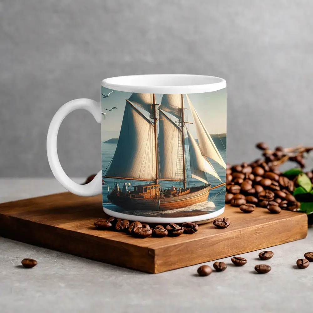Wooden Sailing Ship Open Blue Ocean – Mugs
