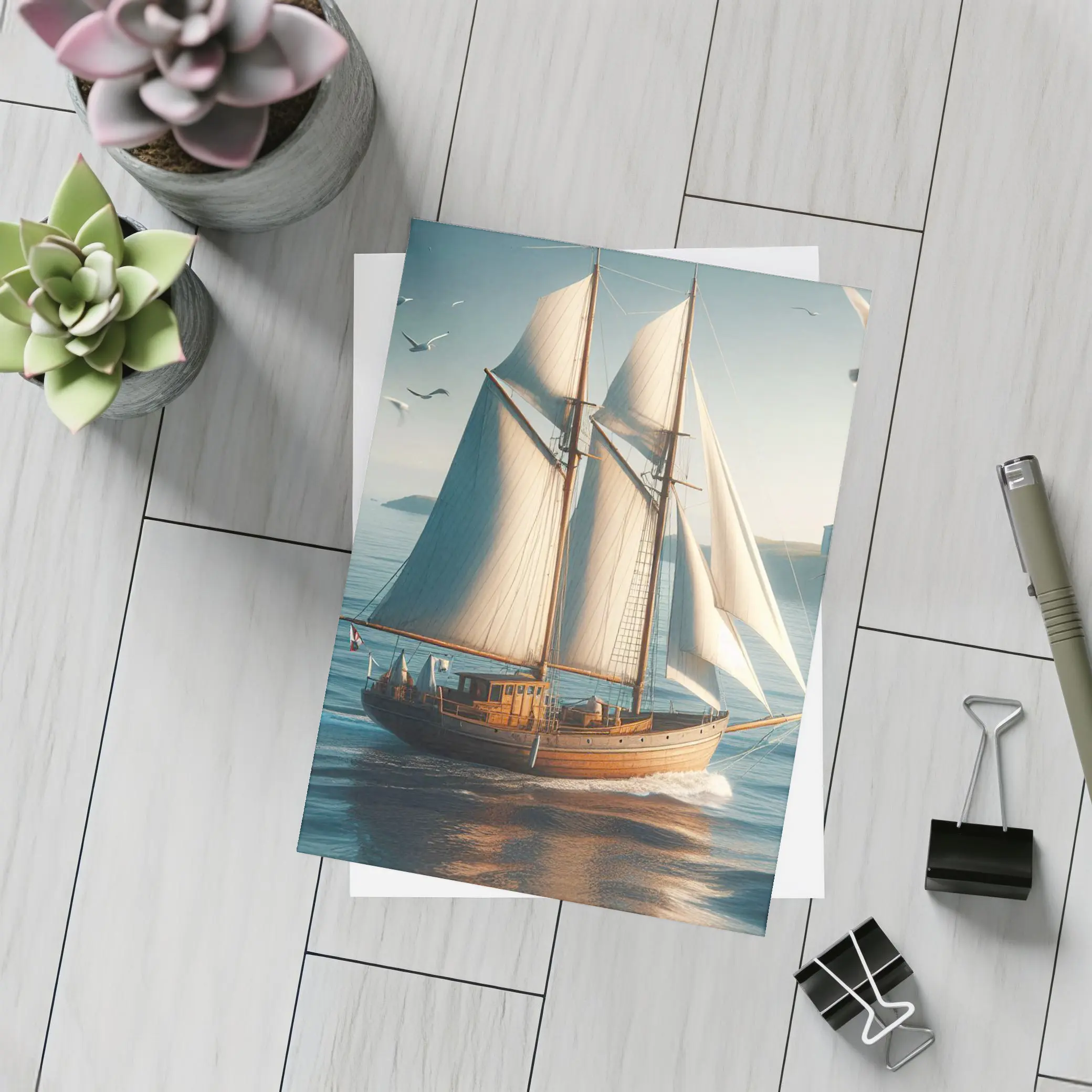 Wooden Sailing Ship Open Blue Ocean – Postcards