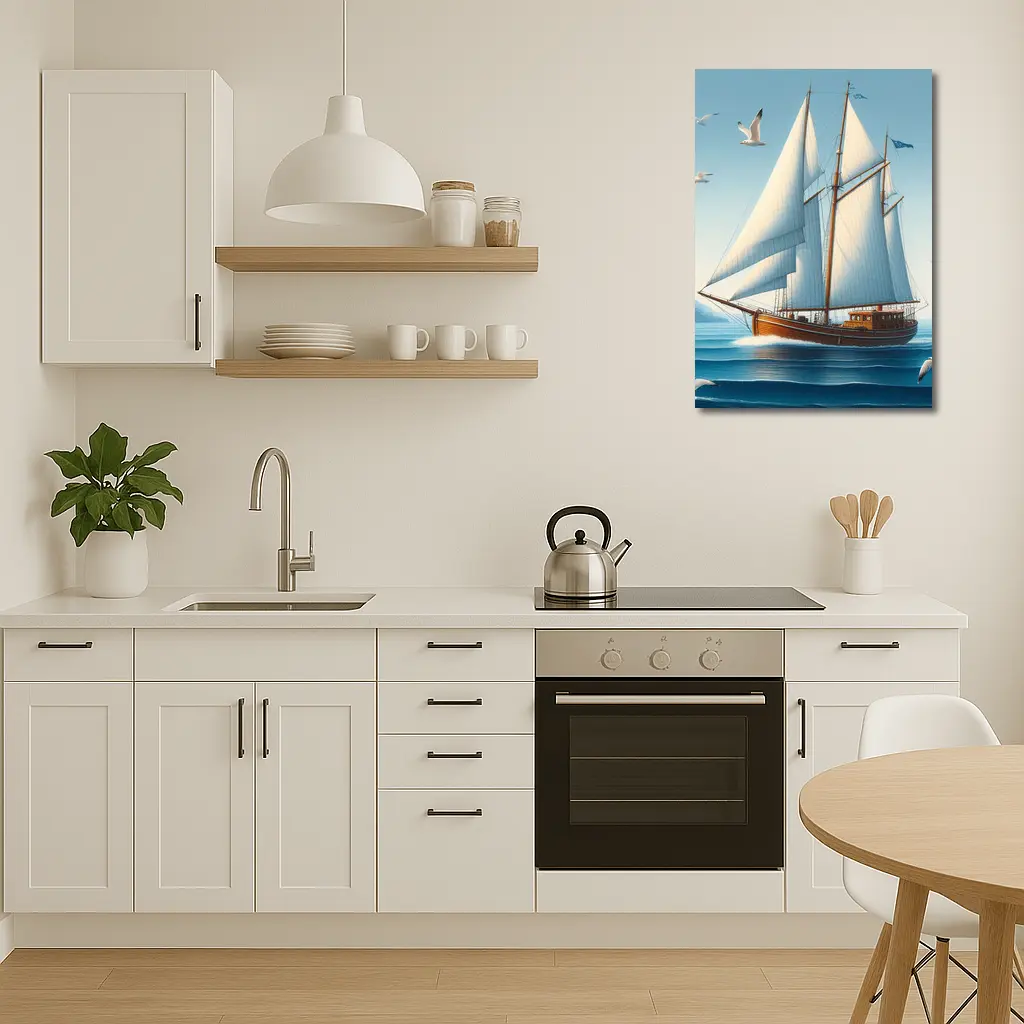 Wooden Sailboat Open Blue Ocean Seagulls – Wall Art