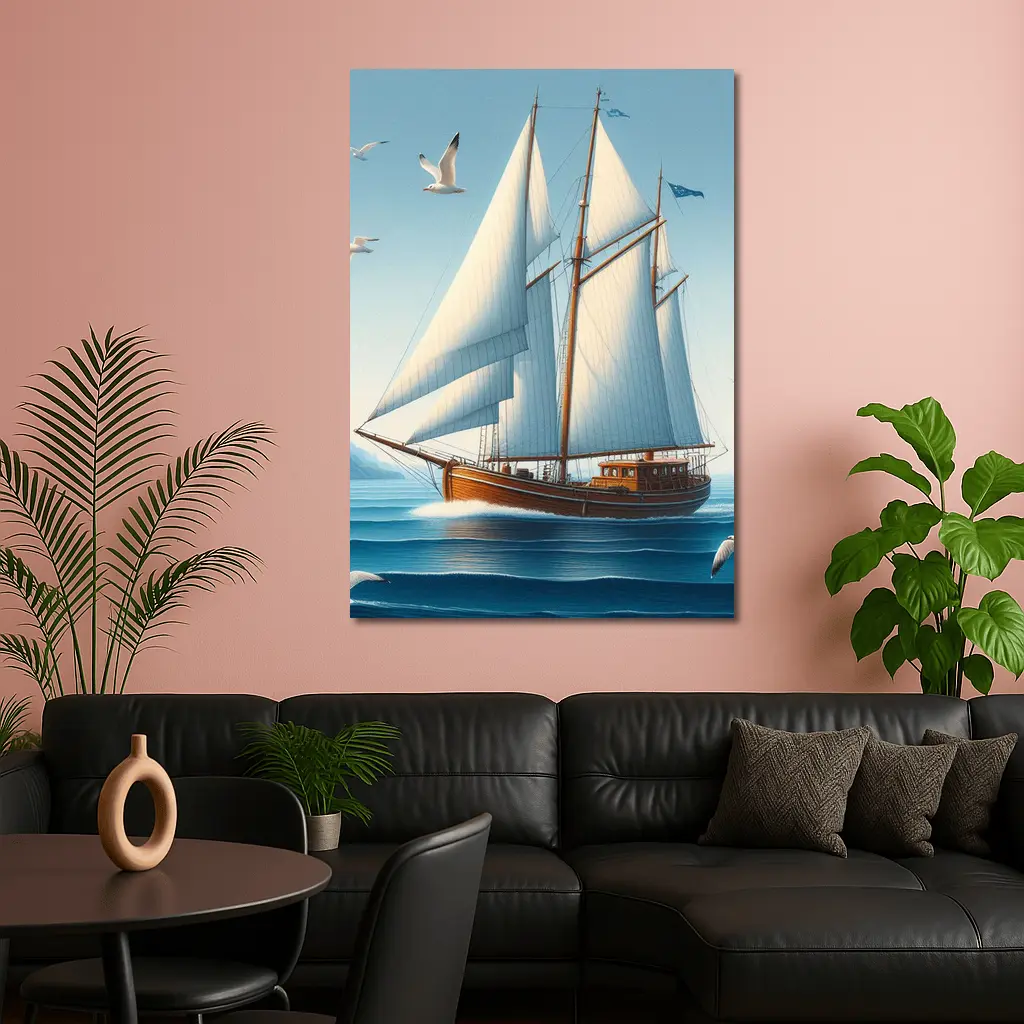Wooden Sailboat Open Blue Ocean Seagulls – Wall Art