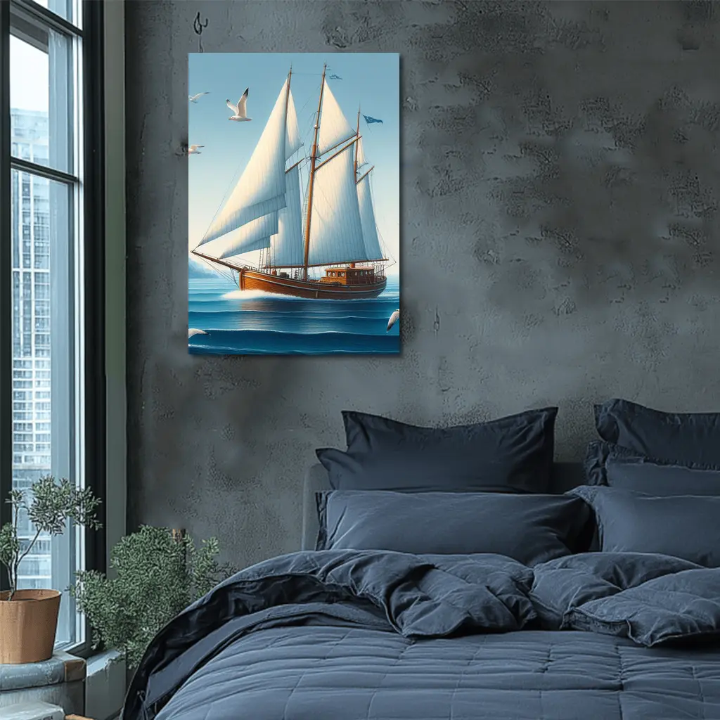 Wooden Sailboat Open Blue Ocean Seagulls – Wall Art