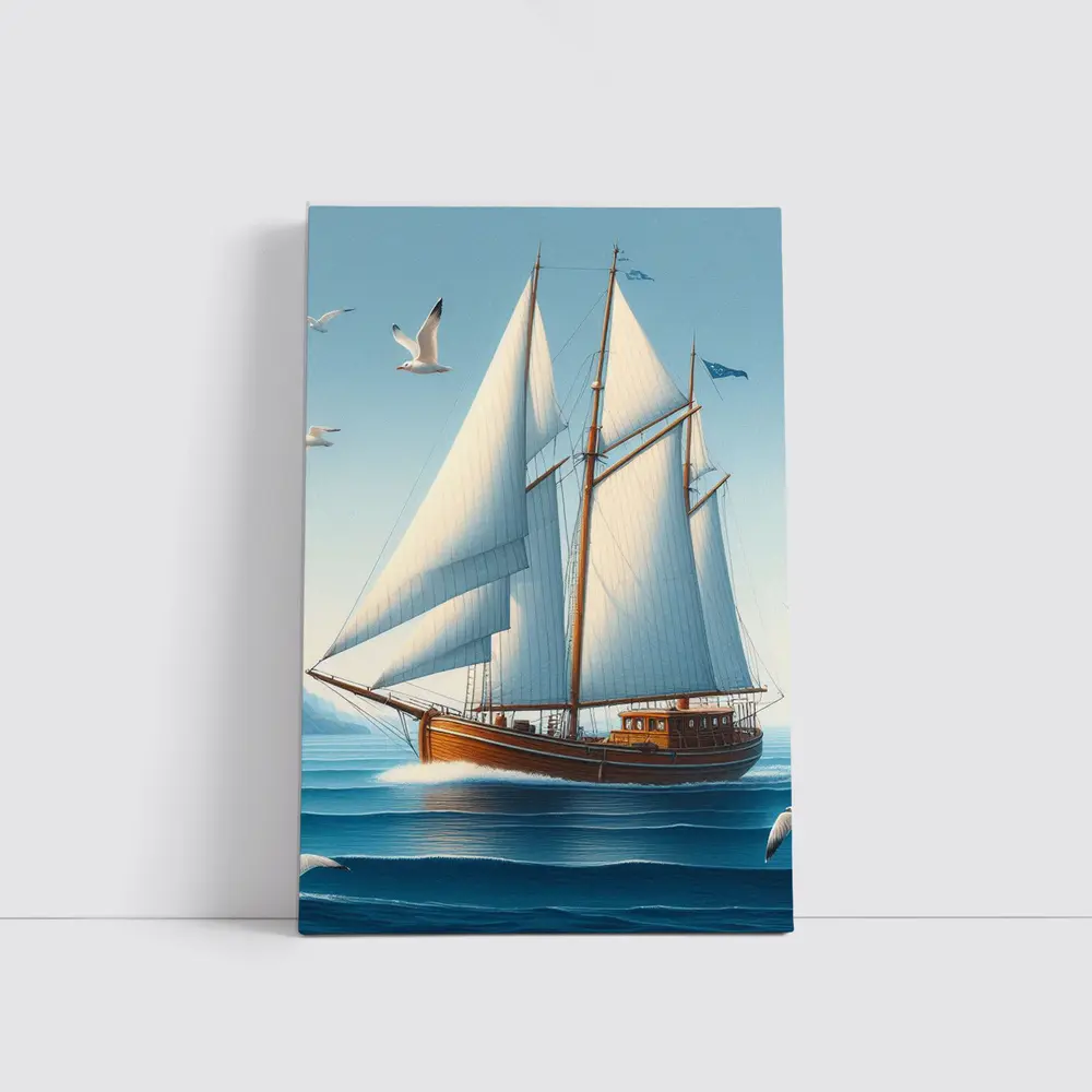 Wooden Sailboat Open Blue Ocean Seagulls – Wall Art