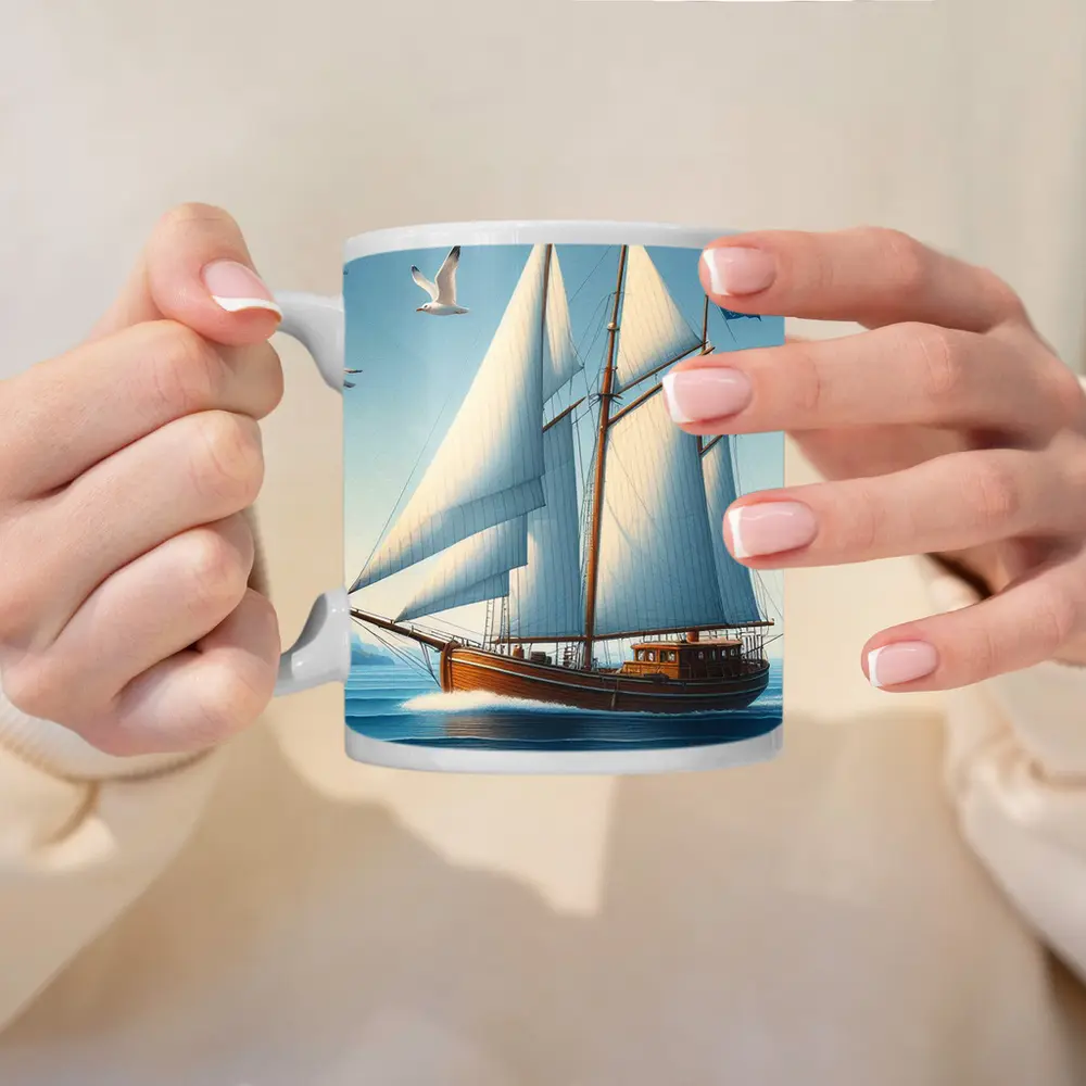 Wooden Sailboat Open Blue Ocean Seagulls – Mugs