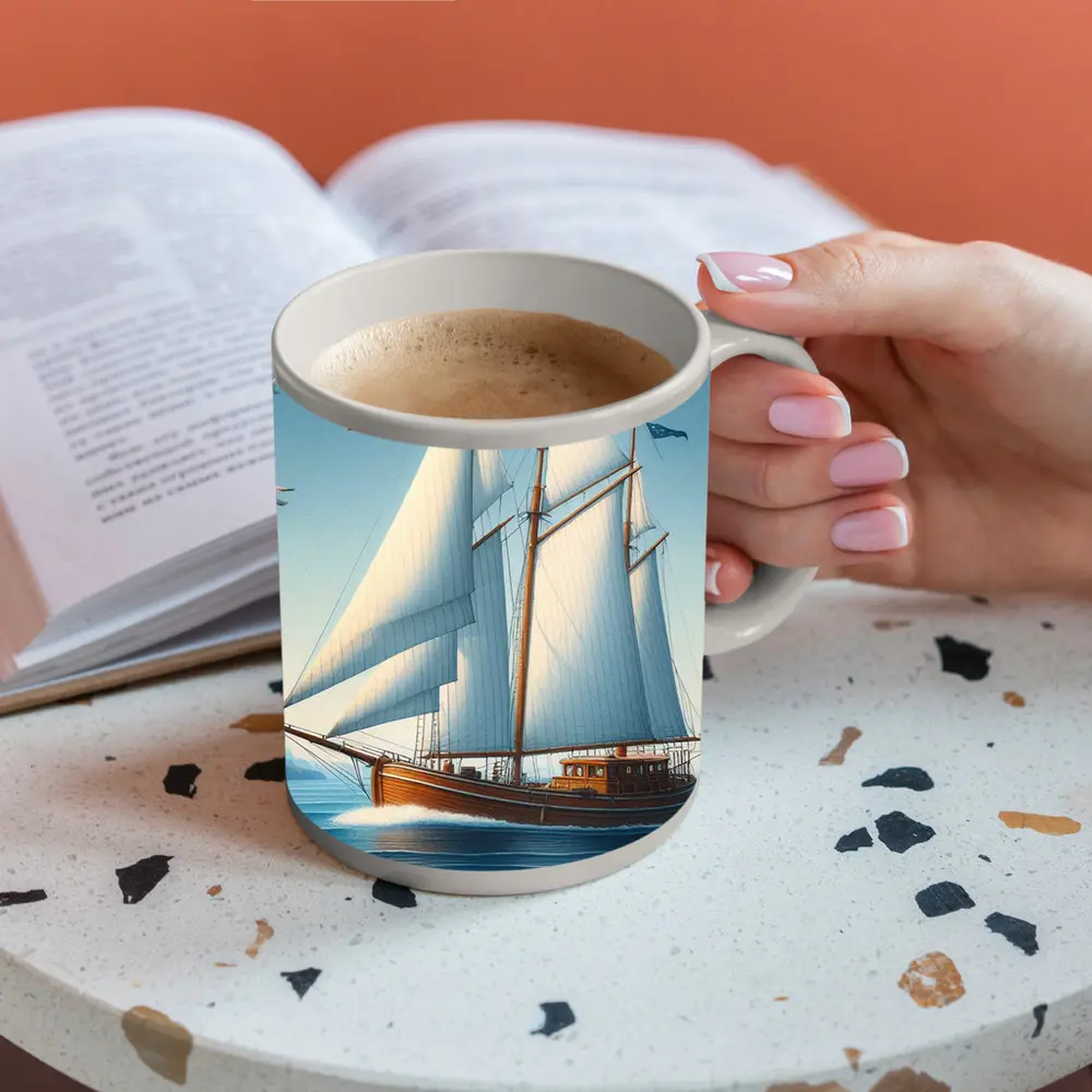 Wooden Sailboat Open Blue Ocean Seagulls – Mugs