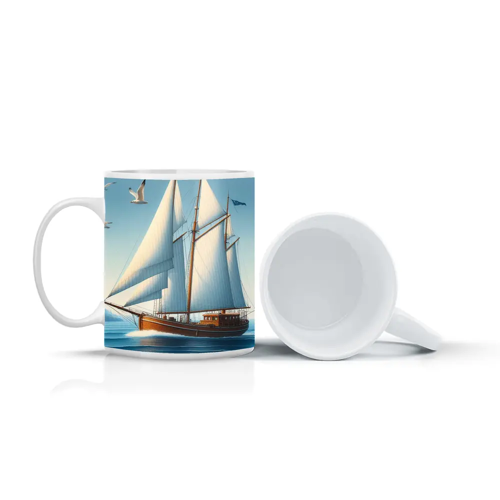 Wooden Sailboat Open Blue Ocean Seagulls – Mugs