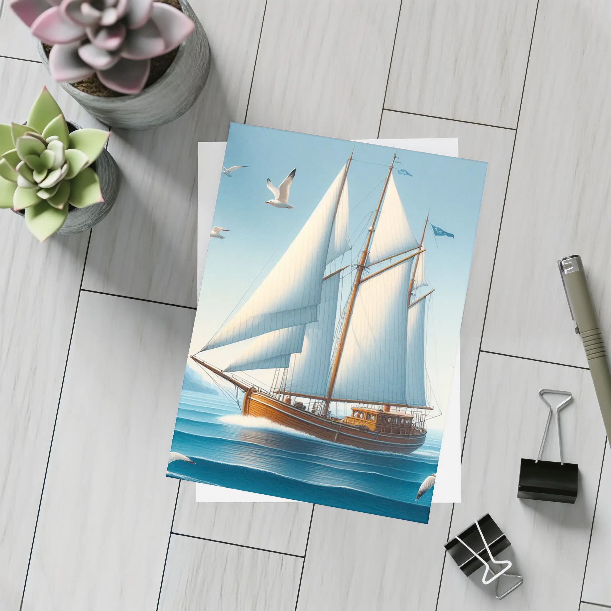Wooden Sailboat Open Blue Ocean Seagulls – Postcards