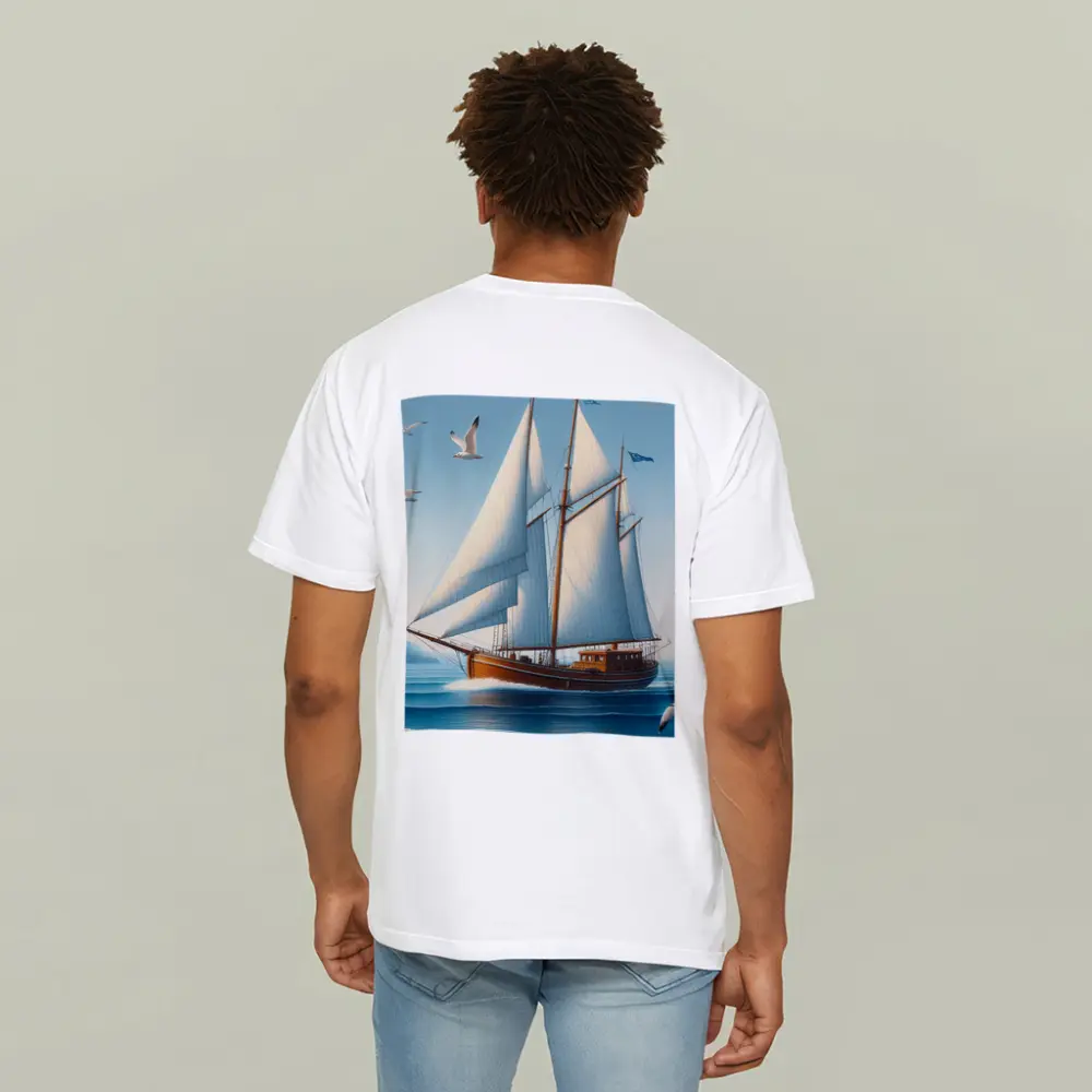 Wooden Sailboat Open Blue Ocean Seagulls – T-Shirts