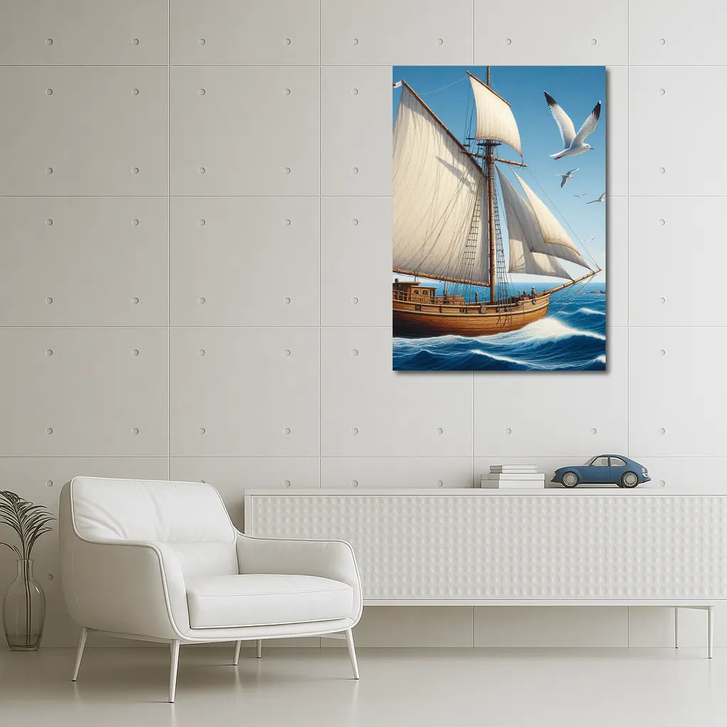 Wooden Sailing Ship Ocean Waves Seagulls – Wall Art
