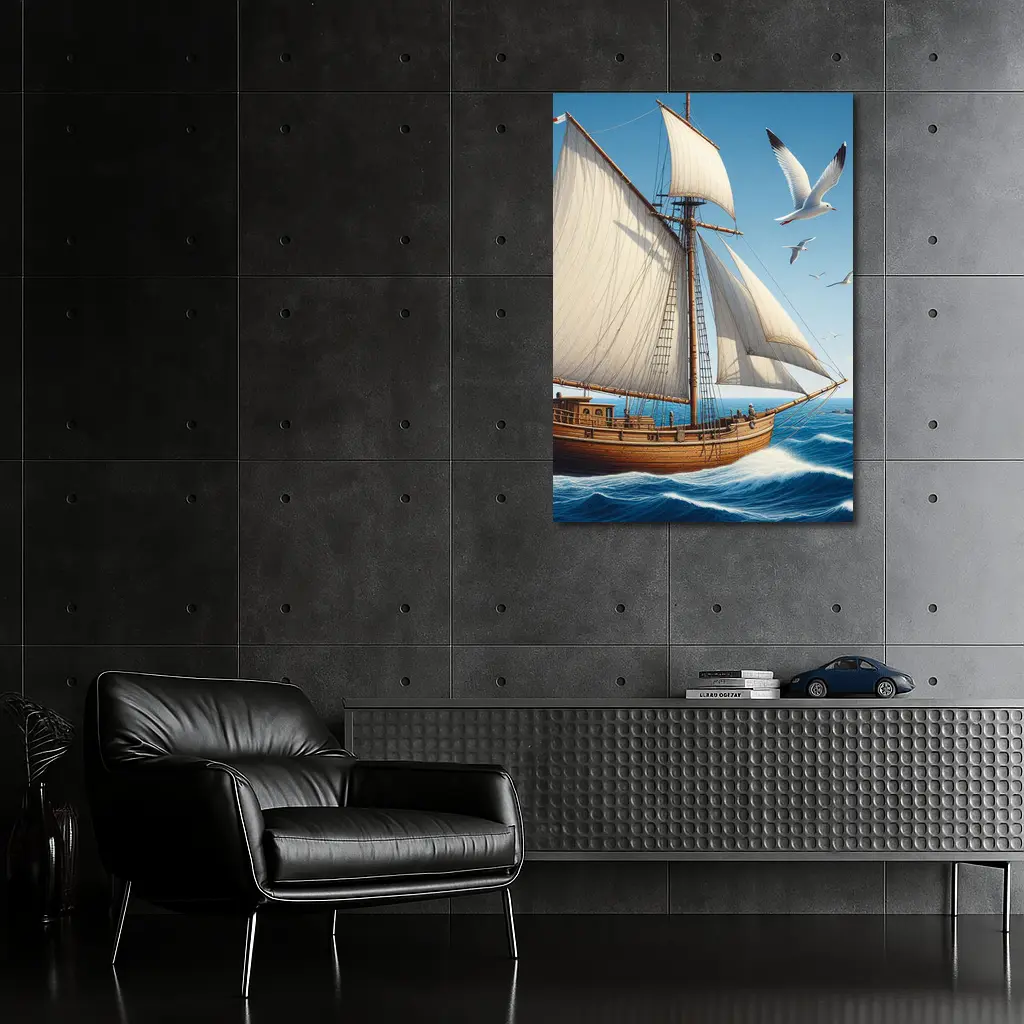 Wooden Sailing Ship Ocean Waves Seagulls – Wall Art