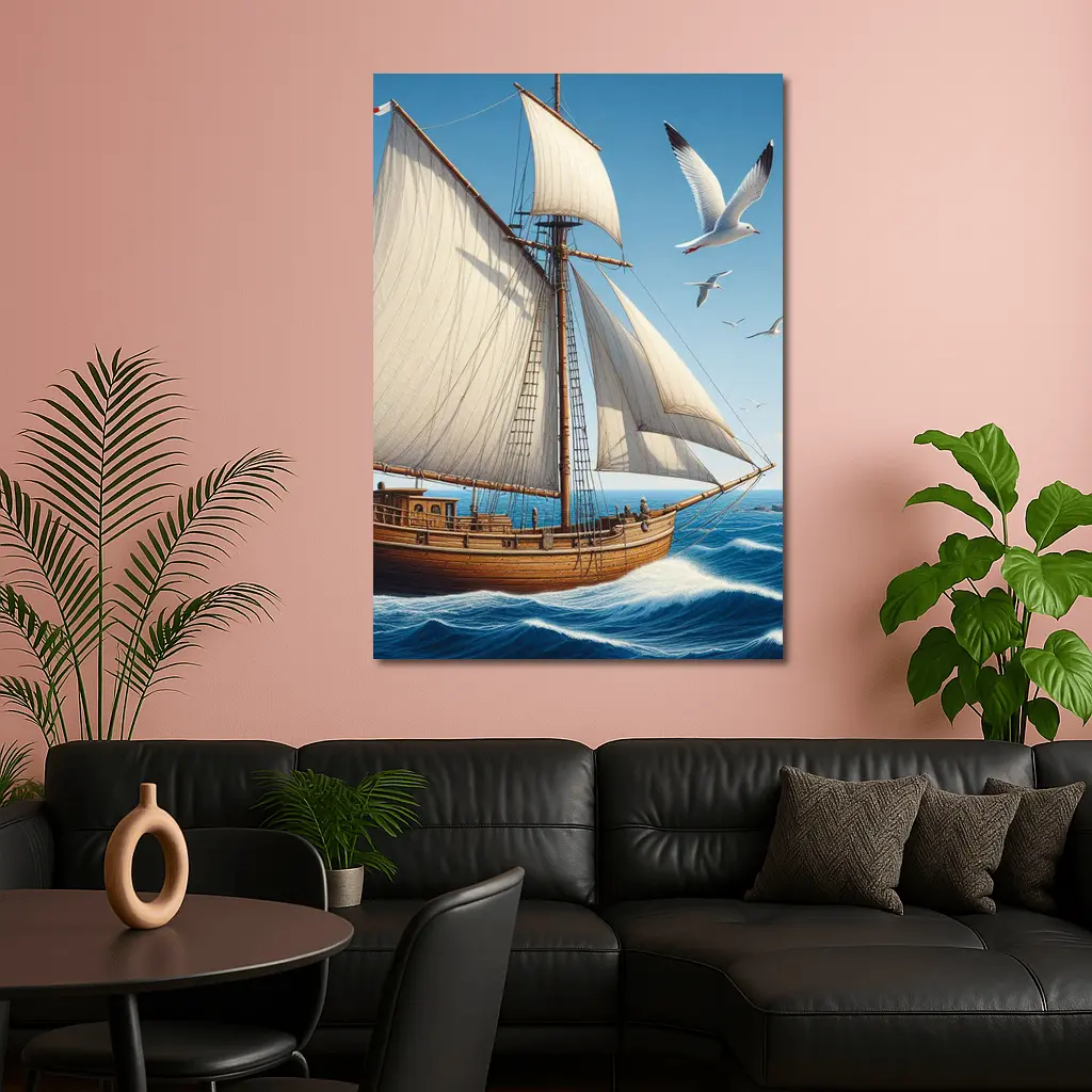 Wooden Sailing Ship Ocean Waves Seagulls – Wall Art