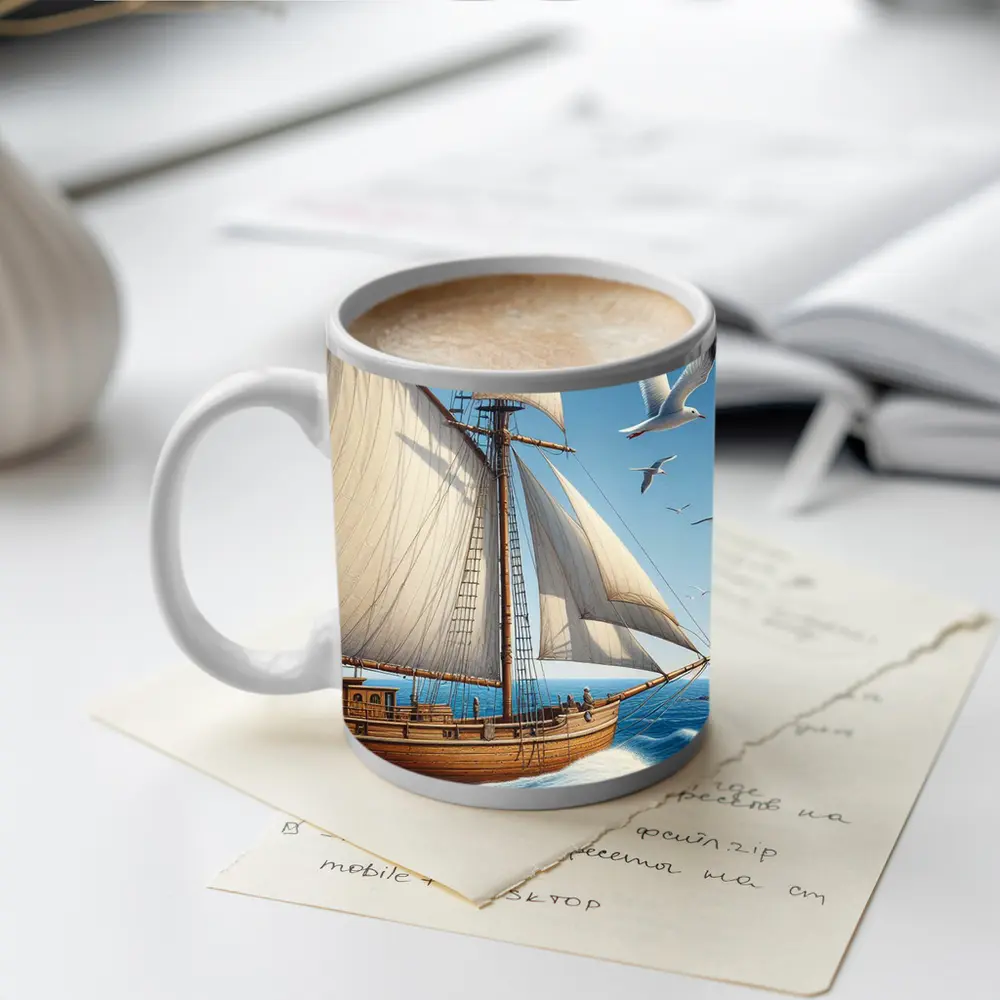 Wooden Sailing Ship Ocean Waves Seagulls – Mugs