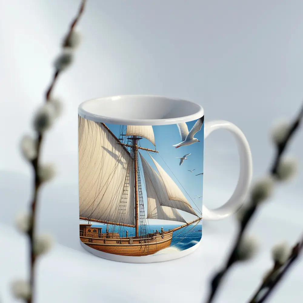 Wooden Sailing Ship Ocean Waves Seagulls – Mugs