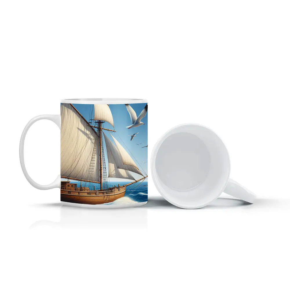 Wooden Sailing Ship Ocean Waves Seagulls – Mugs