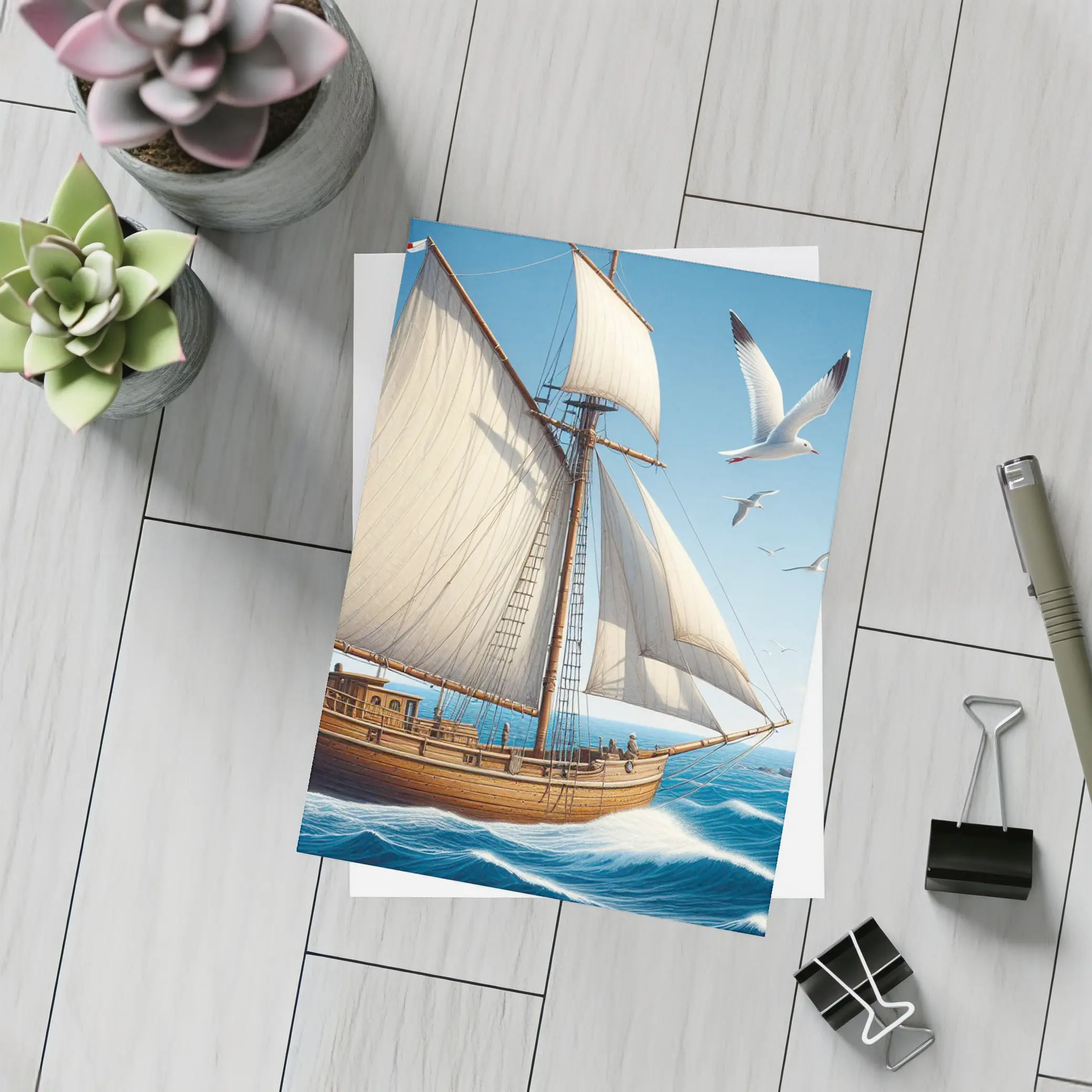 Wooden Sailing Ship Ocean Waves Seagulls – Postcards