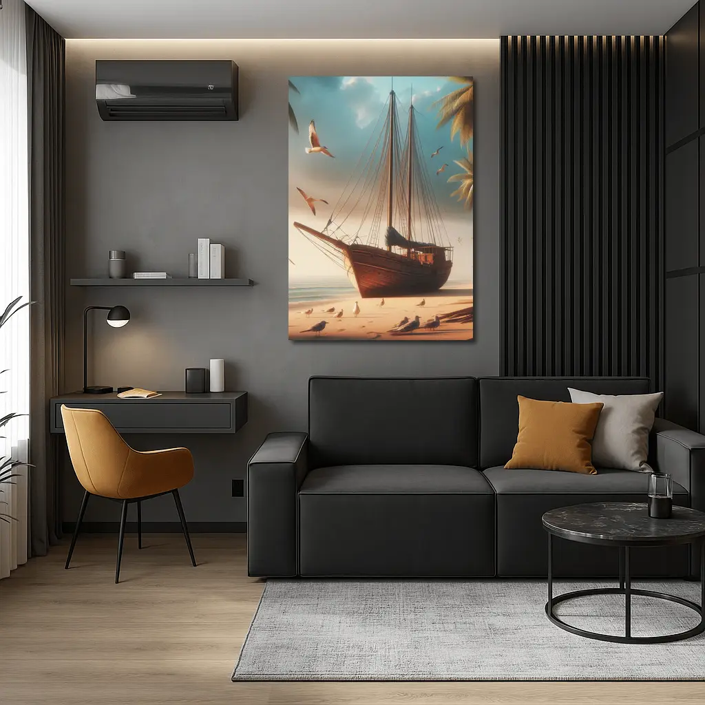 Old Wooden Sailboat Beached Tropical Shore Seagulls – Wall Art