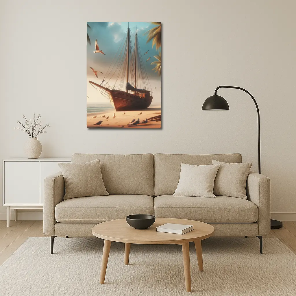 Old Wooden Sailboat Beached Tropical Shore Seagulls – Wall Art