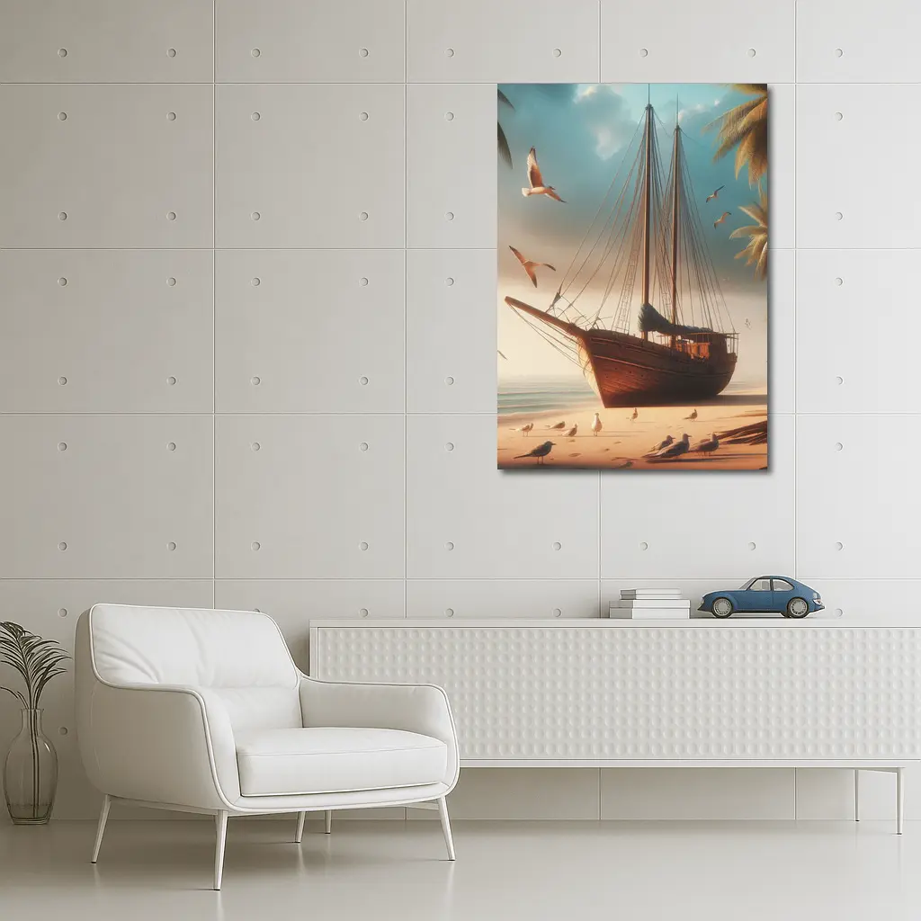 Old Wooden Sailboat Beached Tropical Shore Seagulls – Wall Art