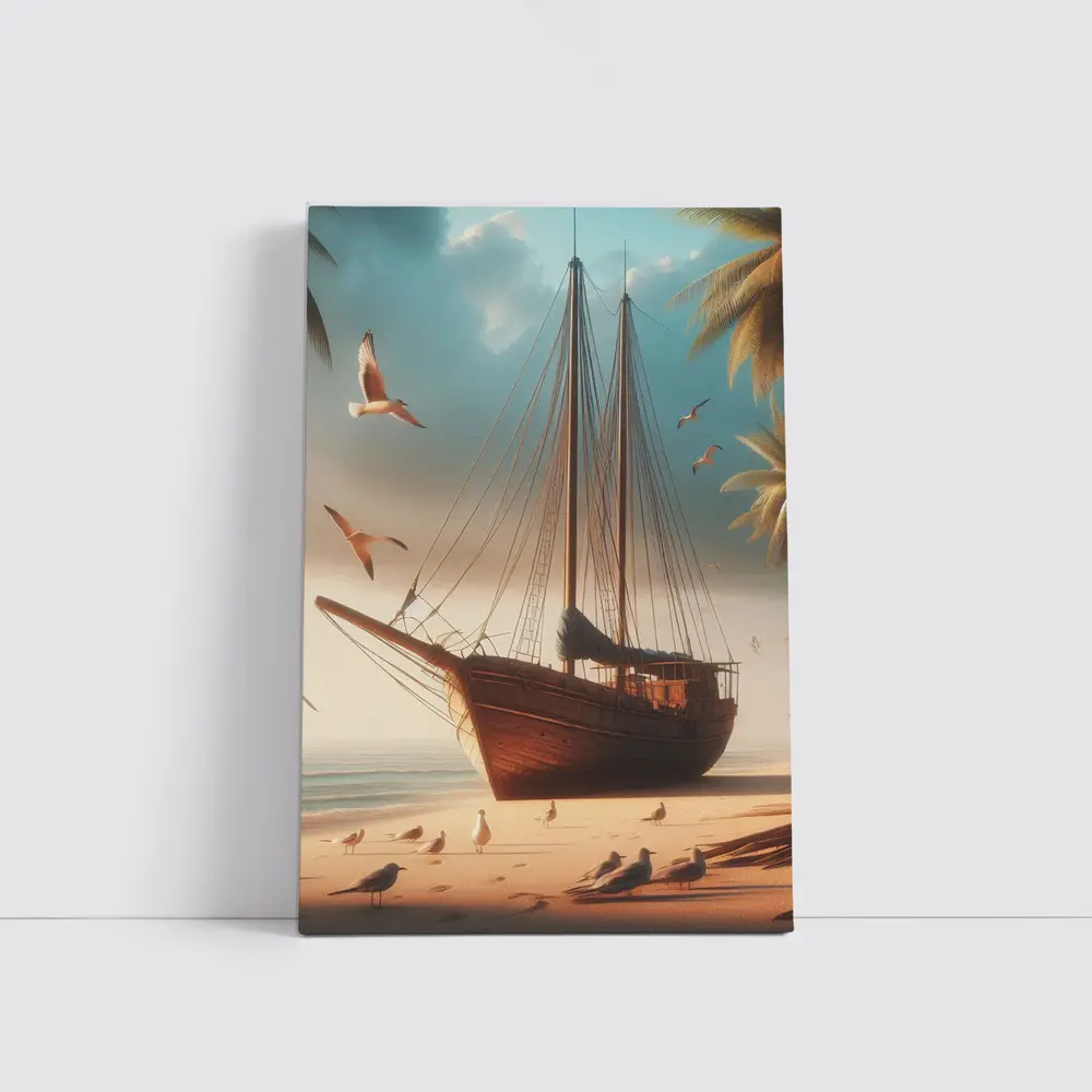 Old Wooden Sailboat Beached Tropical Shore Seagulls – Wall Art