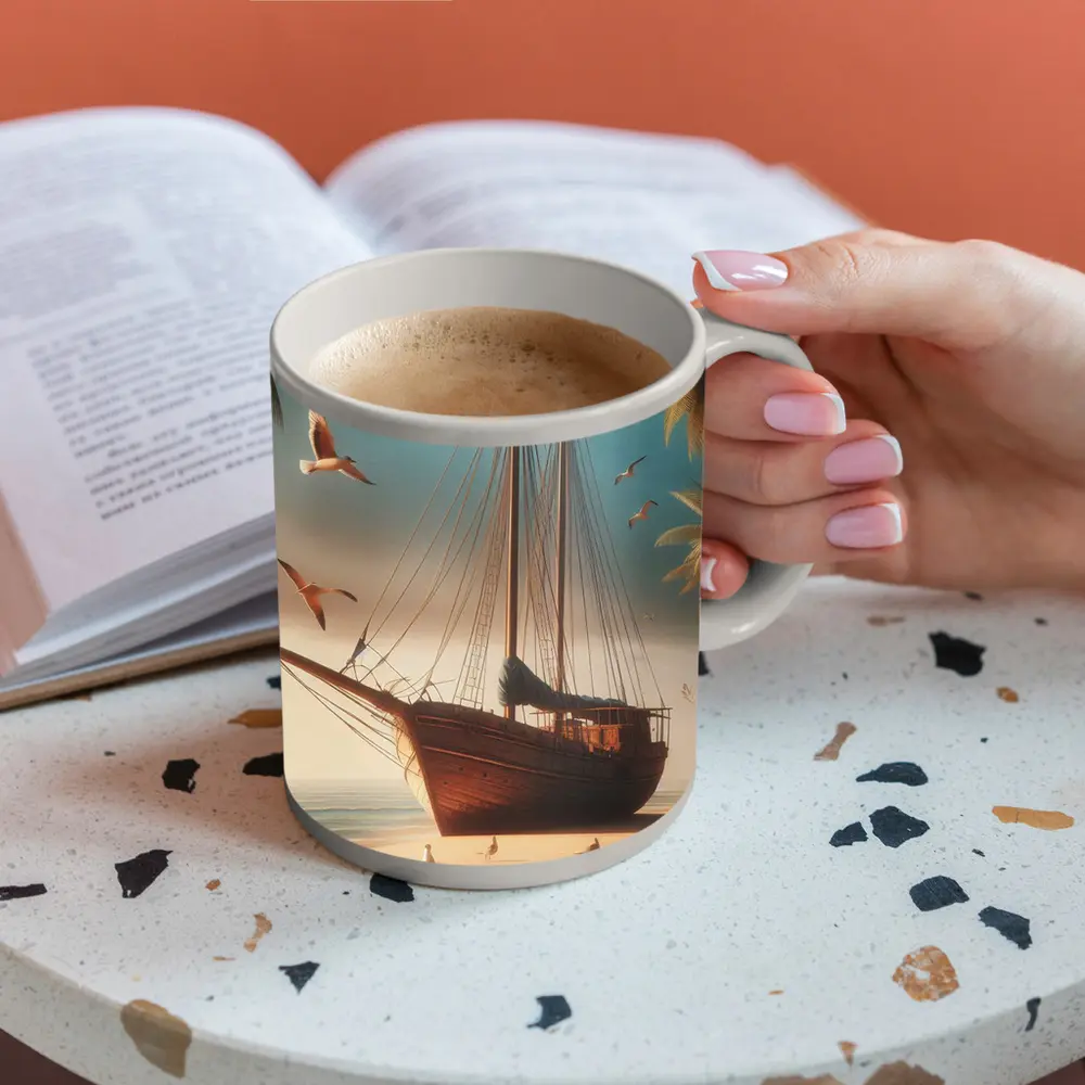 Old Wooden Sailboat Beached Tropical Shore Seagulls – Mugs