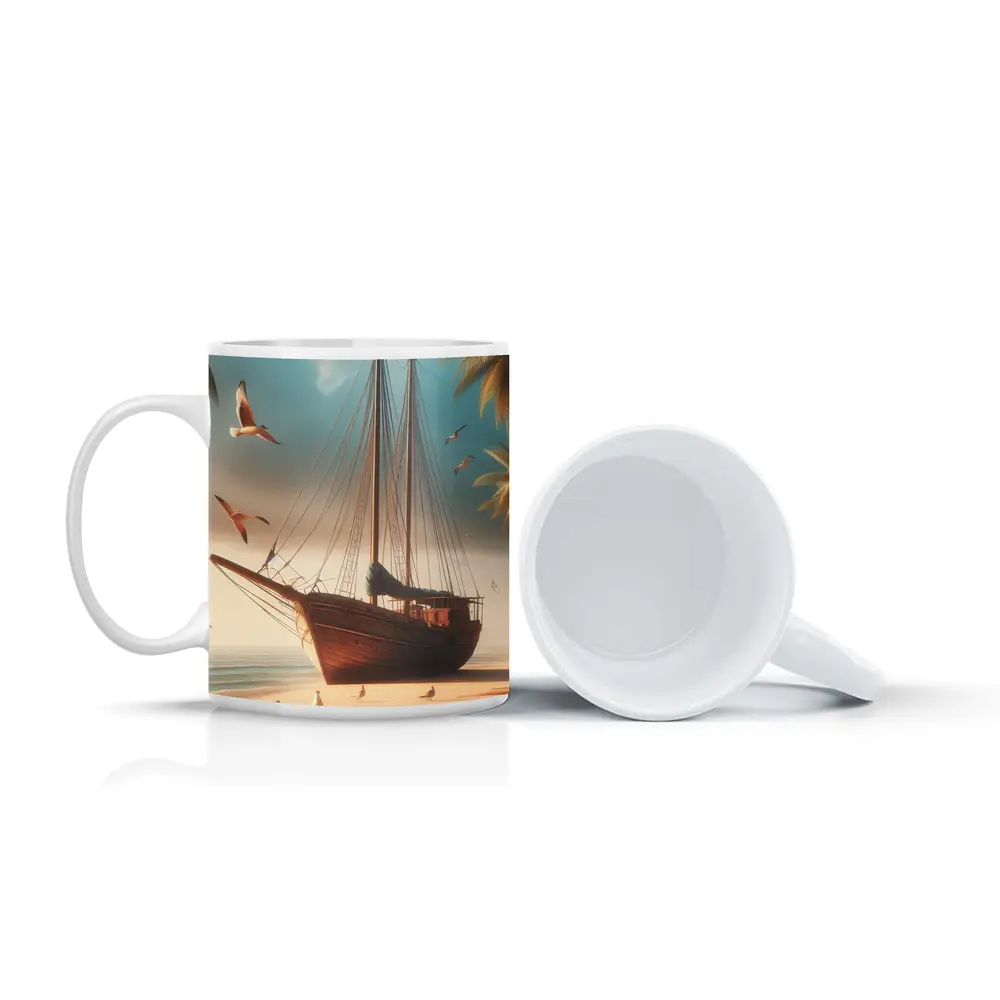 Old Wooden Sailboat Beached Tropical Shore Seagulls – Mugs