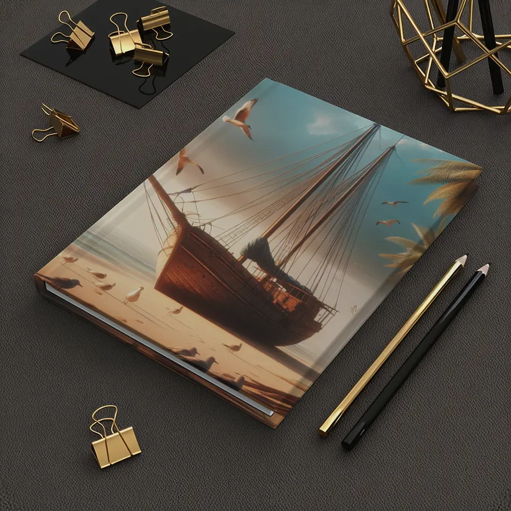 Old Wooden Sailboat Beached Tropical Shore Seagulls – Notebooks