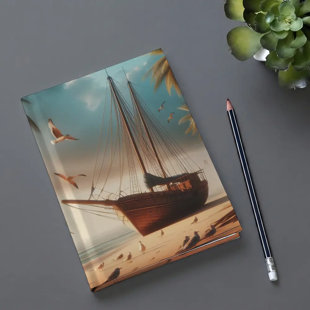 Old Wooden Sailboat Beached Tropical Shore Seagulls – Notebooks
