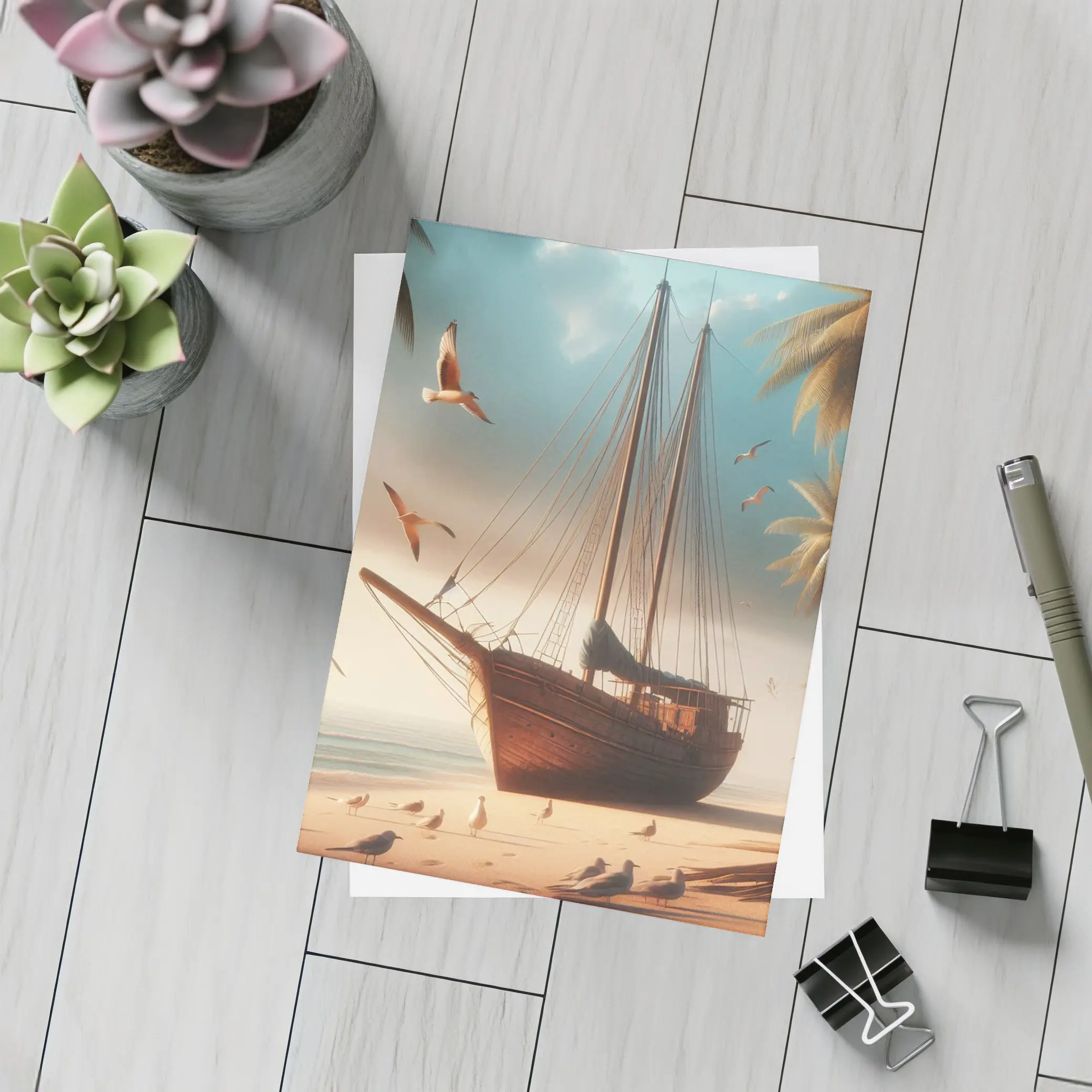 Old Wooden Sailboat Beached Tropical Shore Seagulls – Postcards