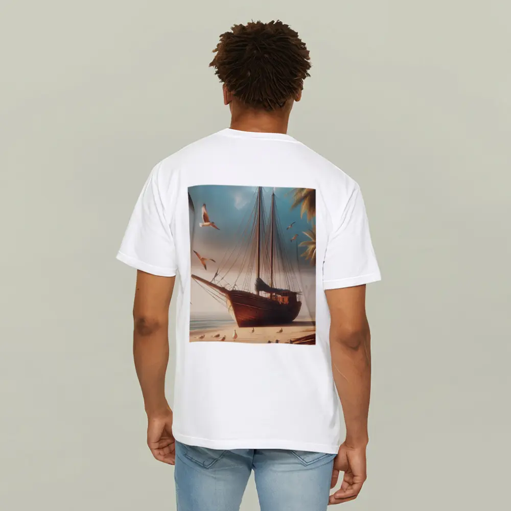 Old Wooden Sailboat Beached Tropical Shore Seagulls – T-Shirts