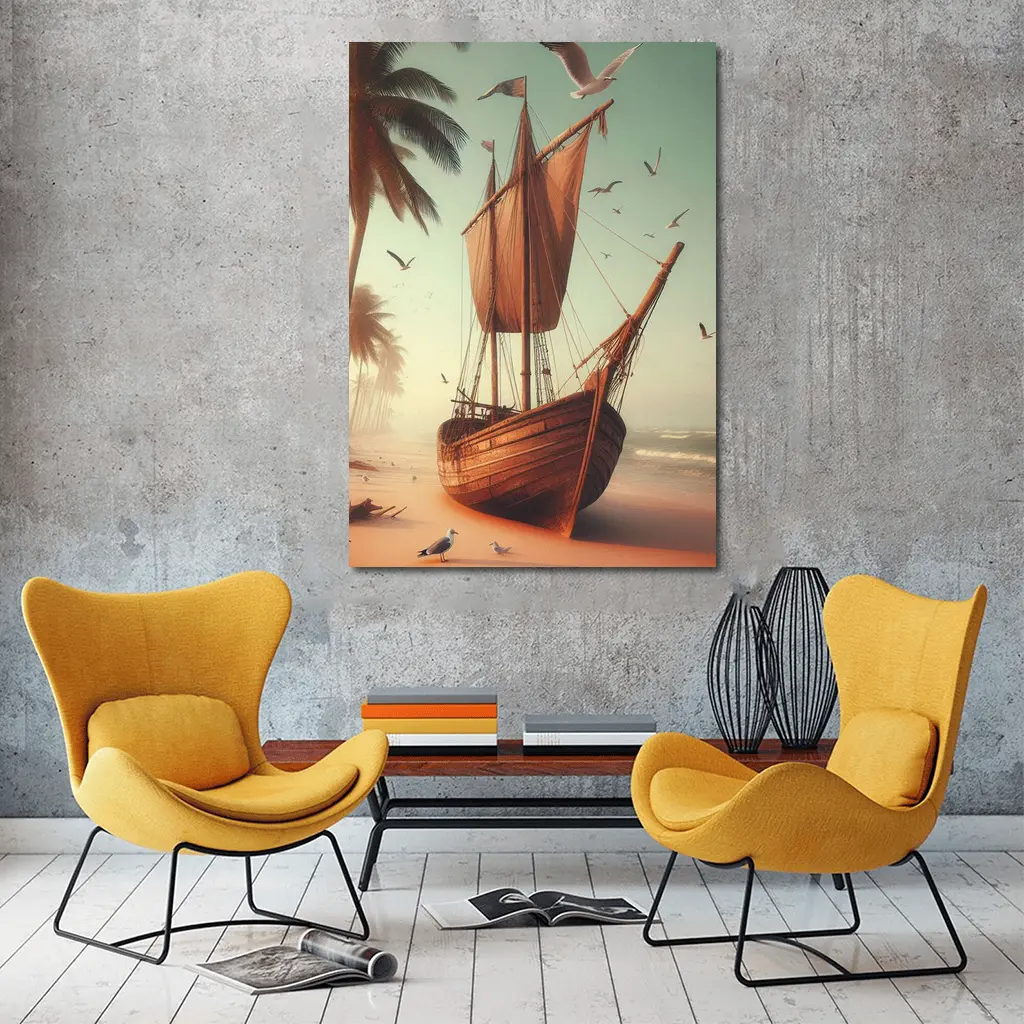 Old Wooden Sailing Ship Tropical Beach – Wall Art
