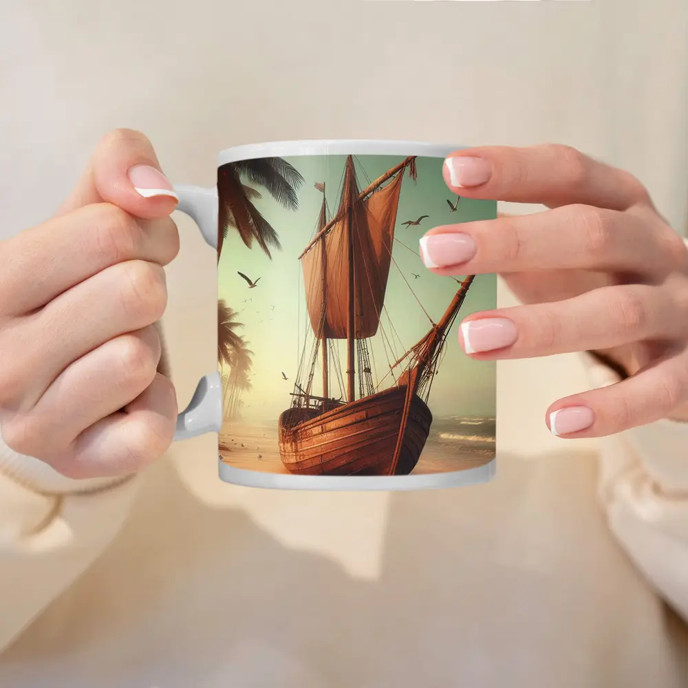 Old Wooden Sailing Ship Tropical Beach – Mugs