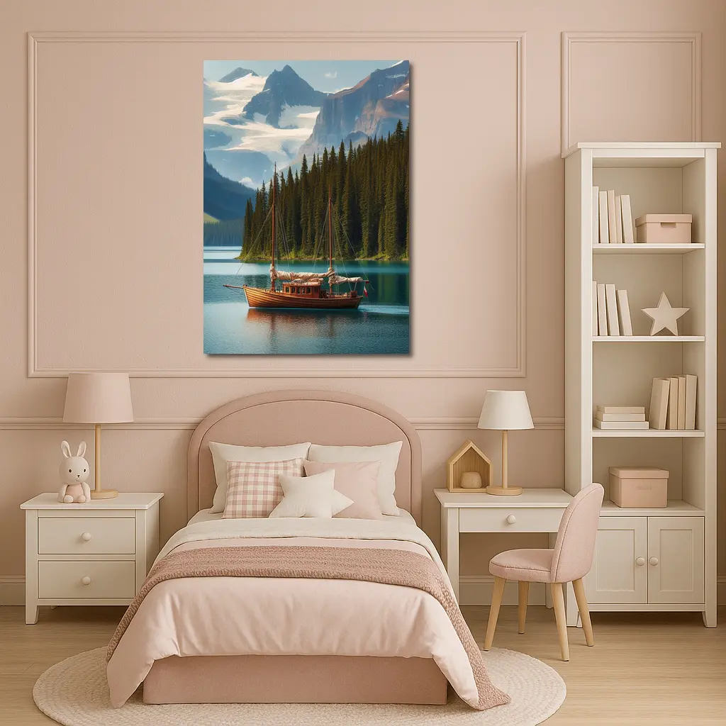 Wooden Sailboat on Turquoise Mountain Lake – Wall Art