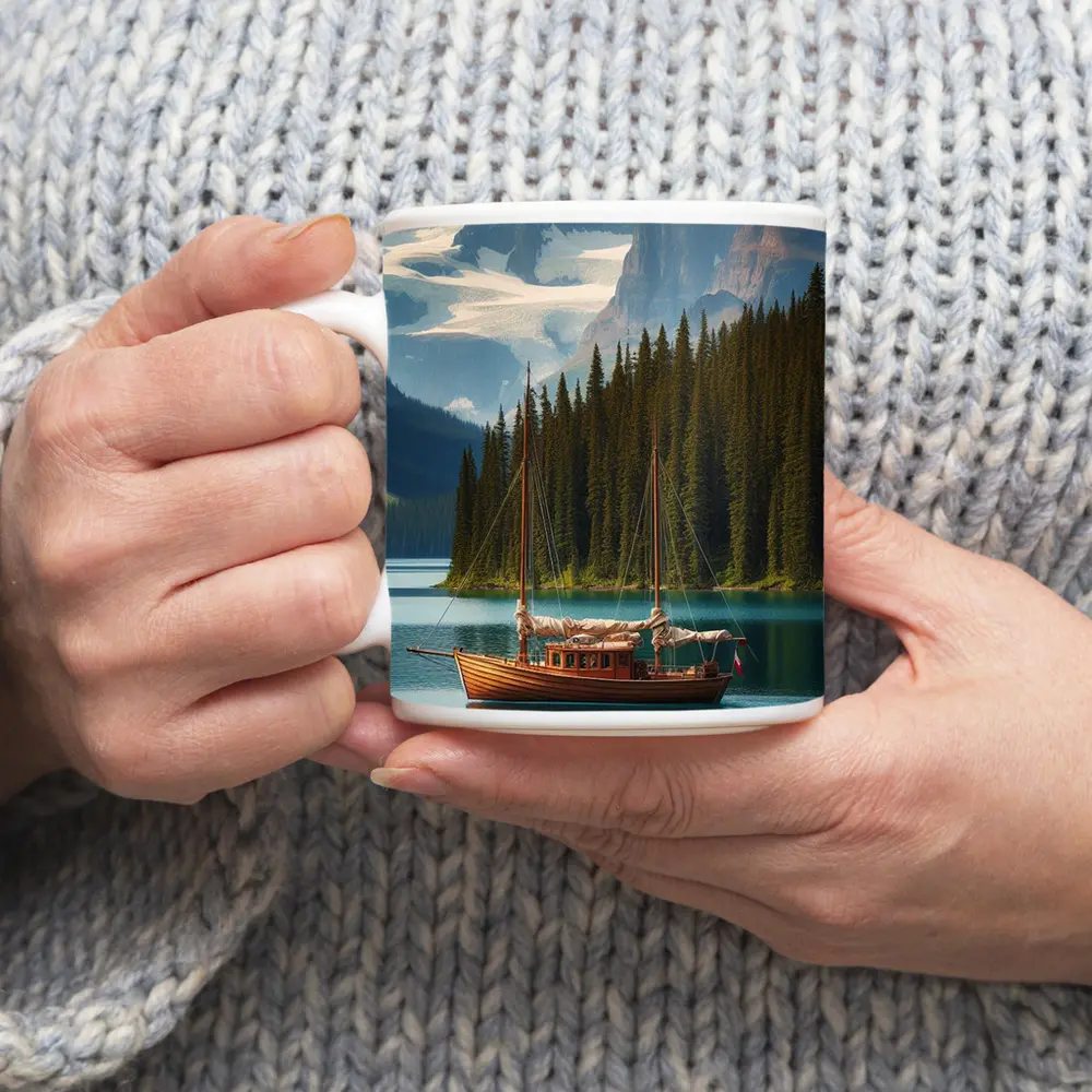 Wooden Sailboat on Turquoise Mountain Lake – Mugs