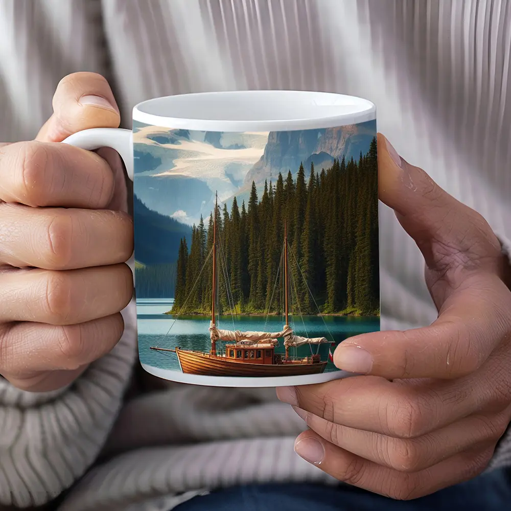 Wooden Sailboat on Turquoise Mountain Lake – Mugs
