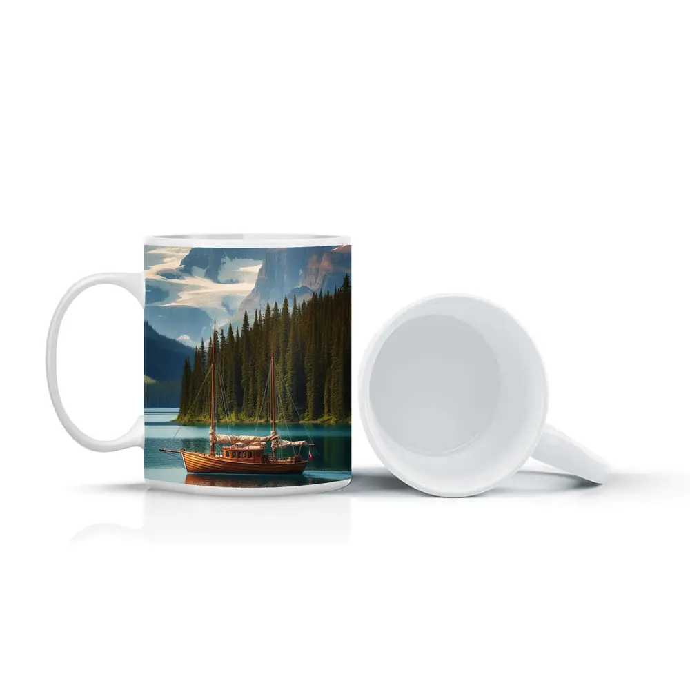 Wooden Sailboat on Turquoise Mountain Lake – Mugs
