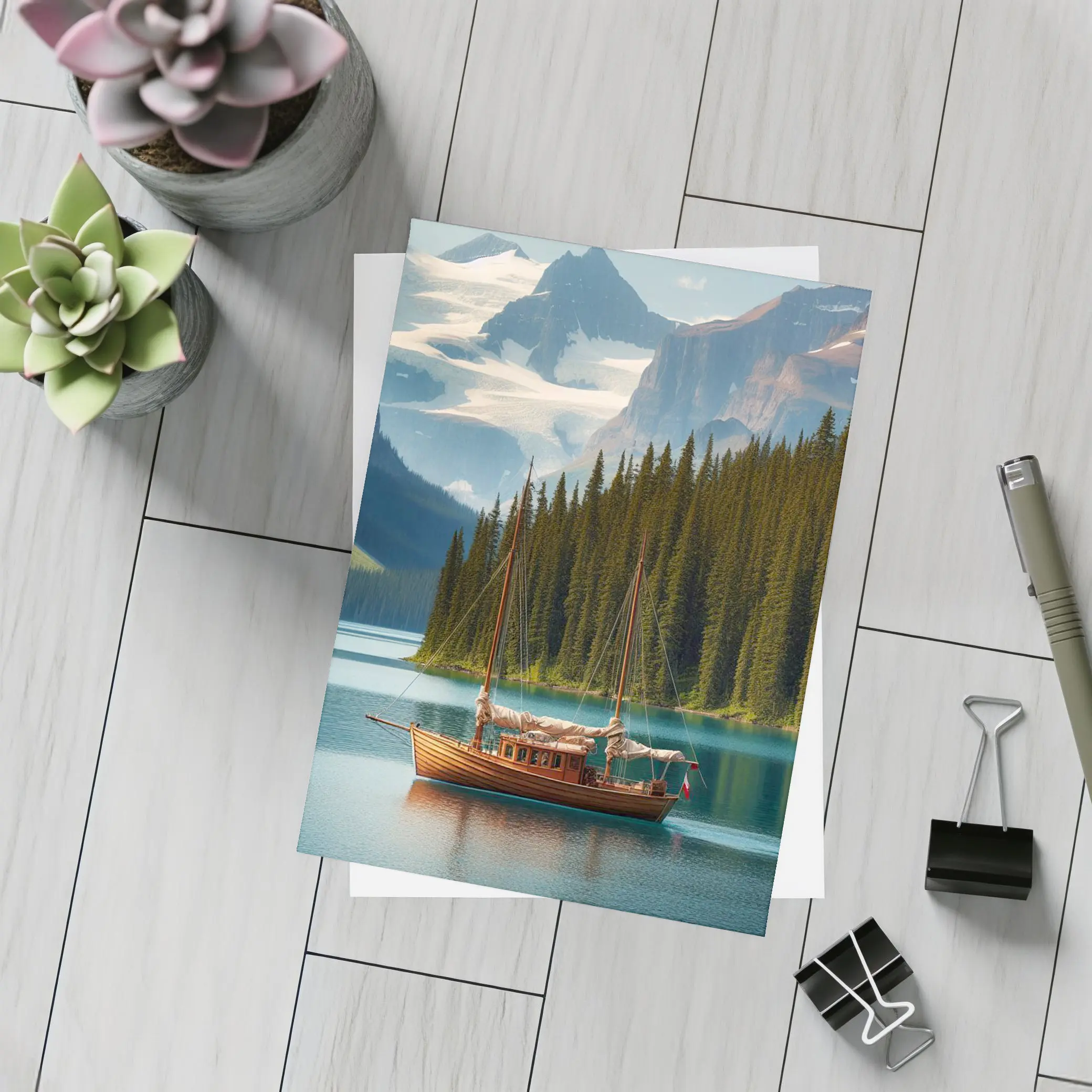 Wooden Sailboat on Turquoise Mountain Lake – Postcards