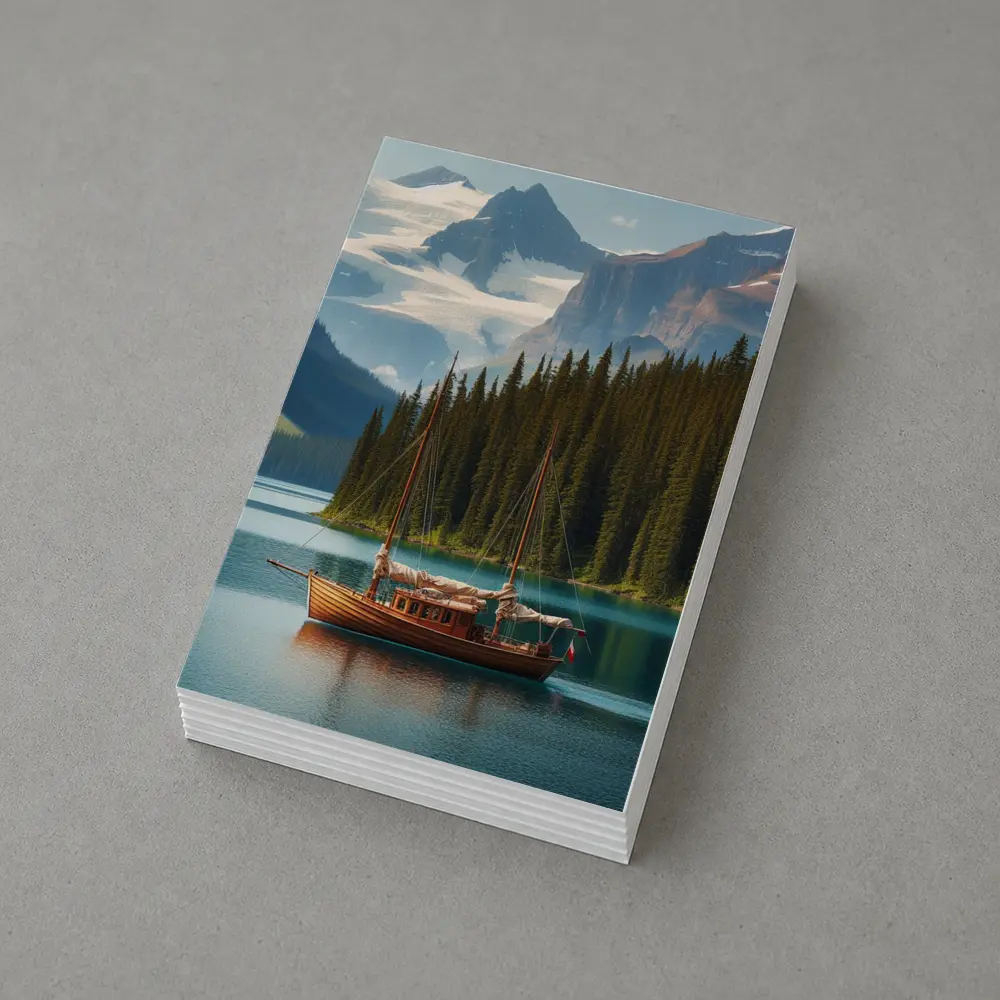 Wooden Sailboat on Turquoise Mountain Lake – Postcards