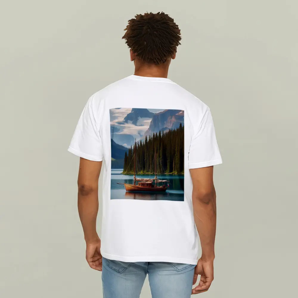 Wooden Sailboat on Turquoise Mountain Lake – T-Shirts