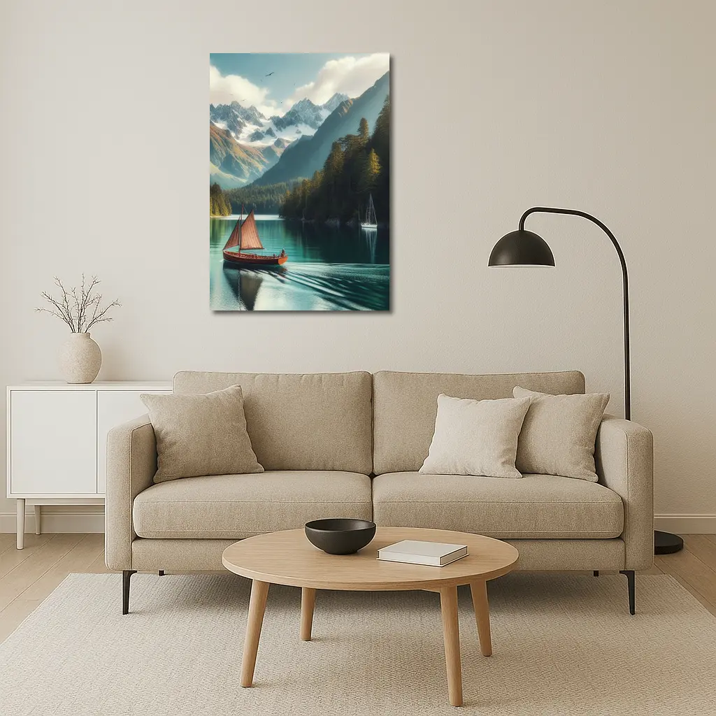 Wooden Sailboat On Turquoise Mountain Lake – Wall Art