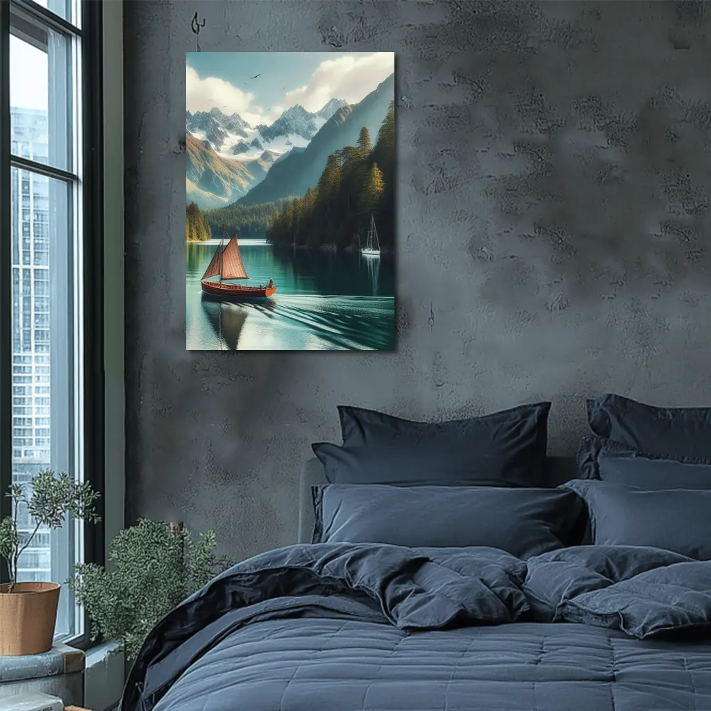 Wooden Sailboat On Turquoise Mountain Lake – Wall Art