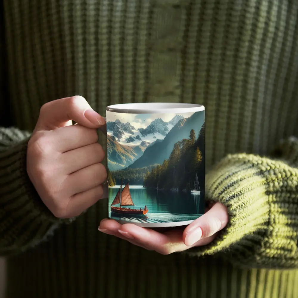 Wooden Sailboat On Turquoise Mountain Lake – Mugs
