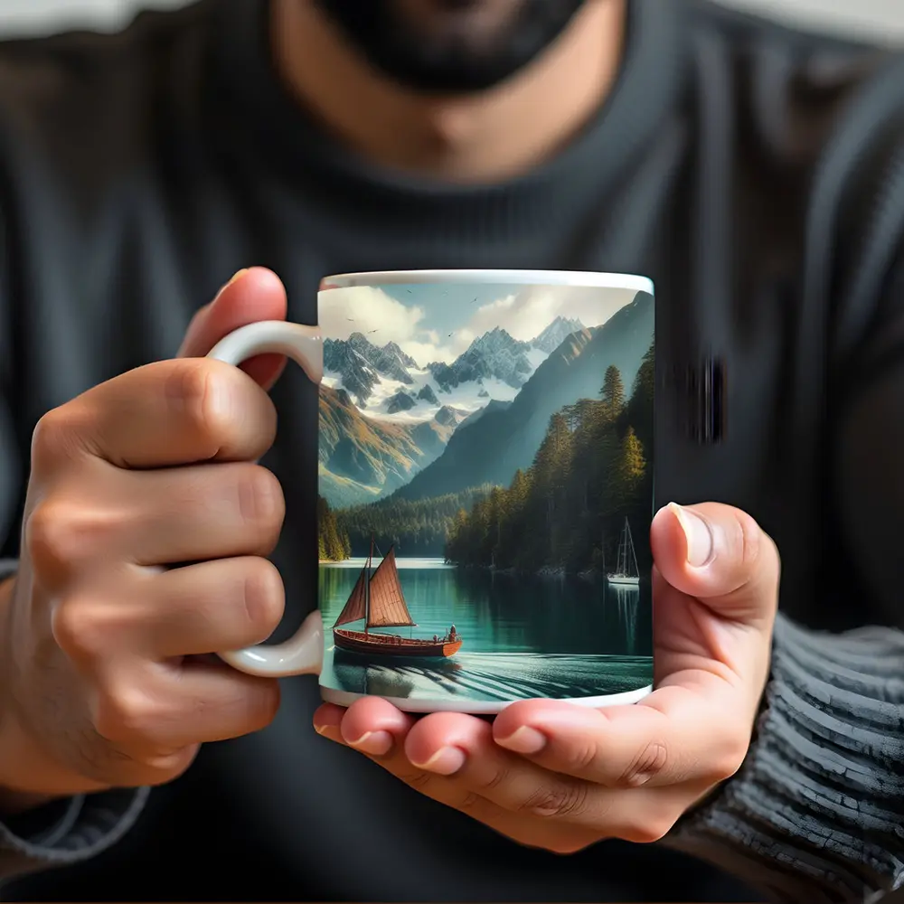 Wooden Sailboat On Turquoise Mountain Lake – Mugs