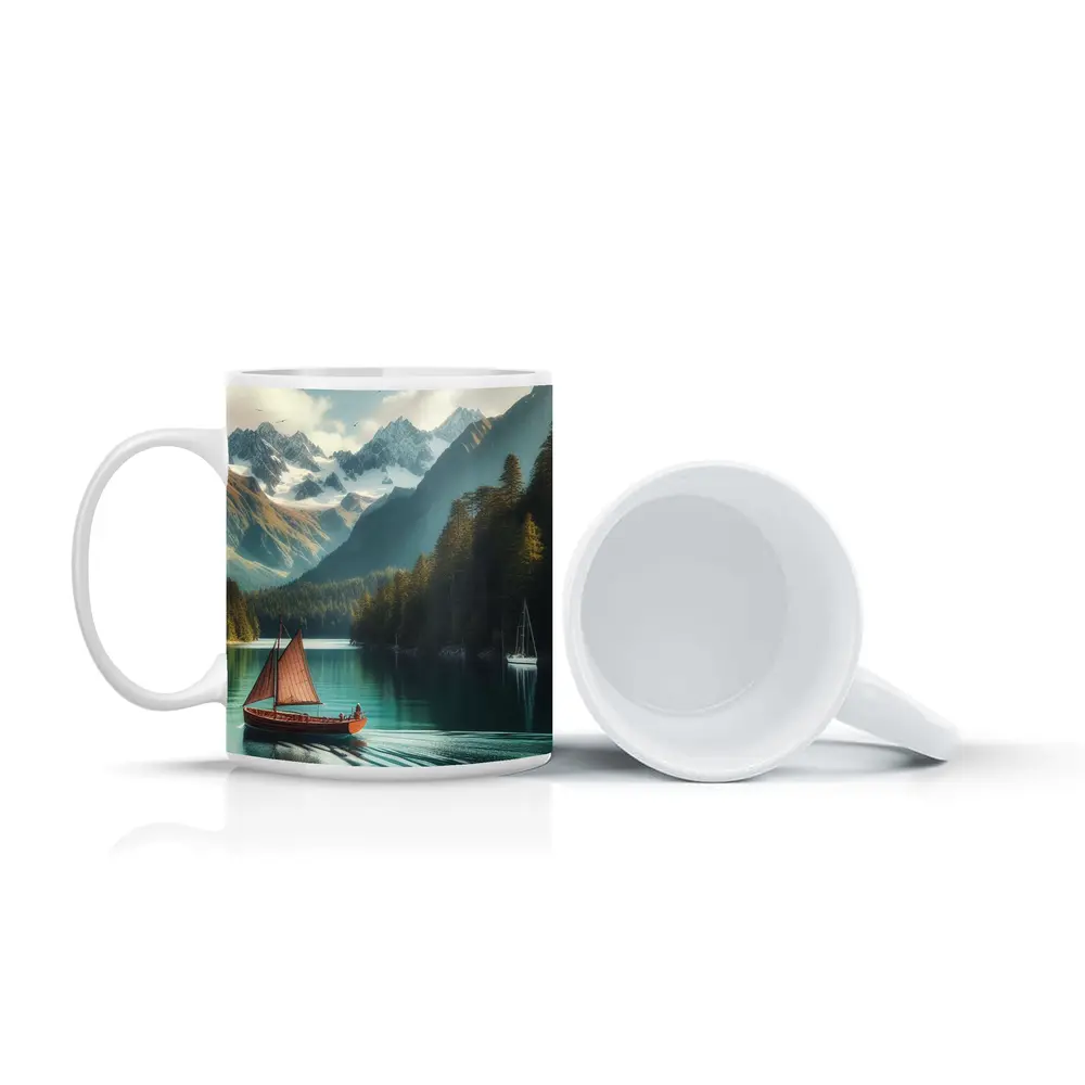 Wooden Sailboat On Turquoise Mountain Lake – Mugs