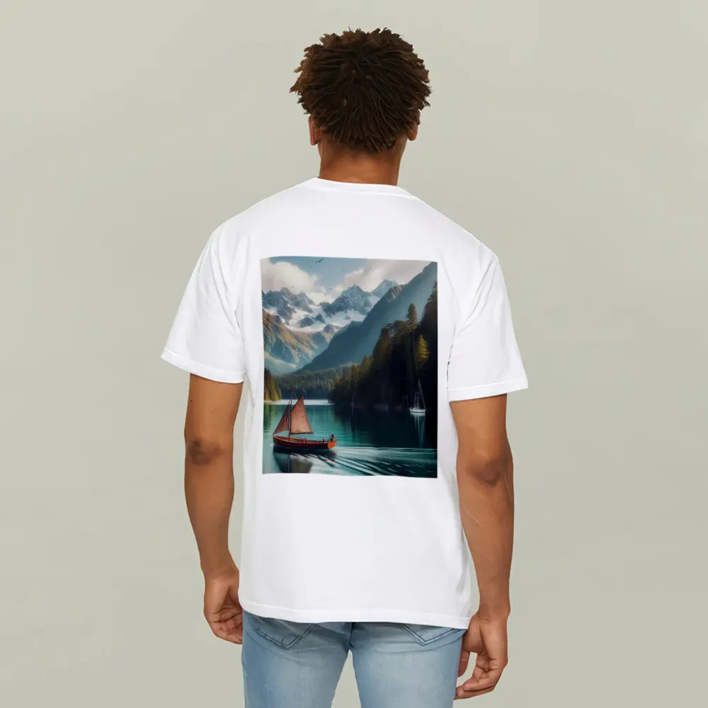 Wooden Sailboat On Turquoise Mountain Lake – T-Shirts