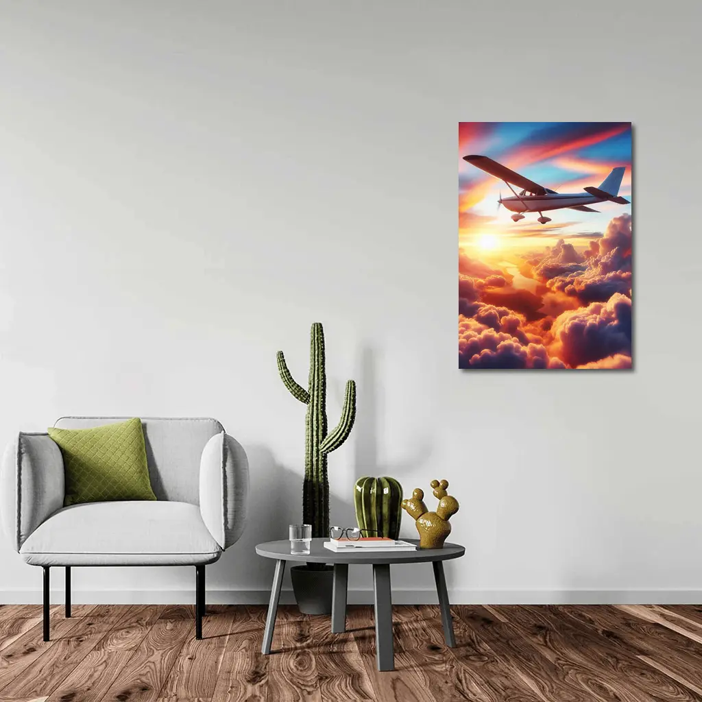 Small Plane Flying Above Sunset Clouds – Wall Art