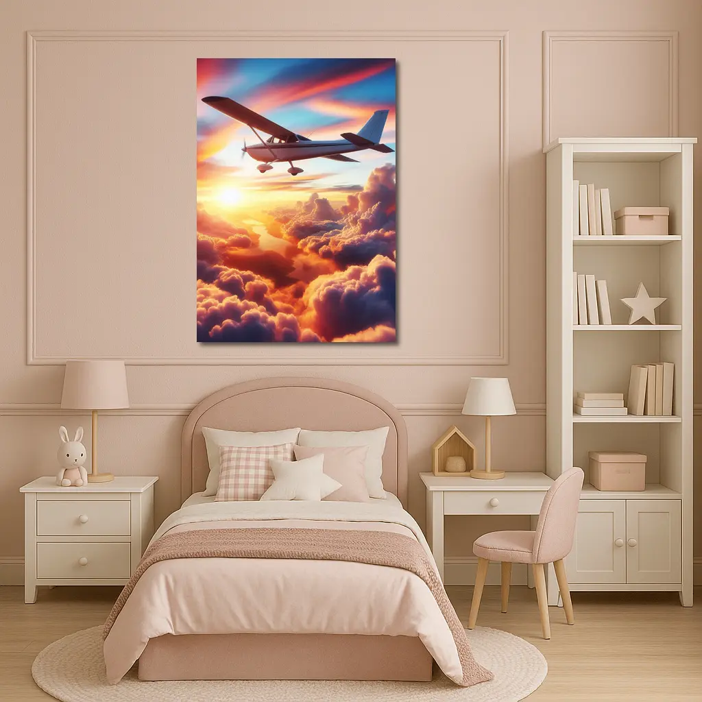 Small Plane Flying Above Sunset Clouds – Wall Art