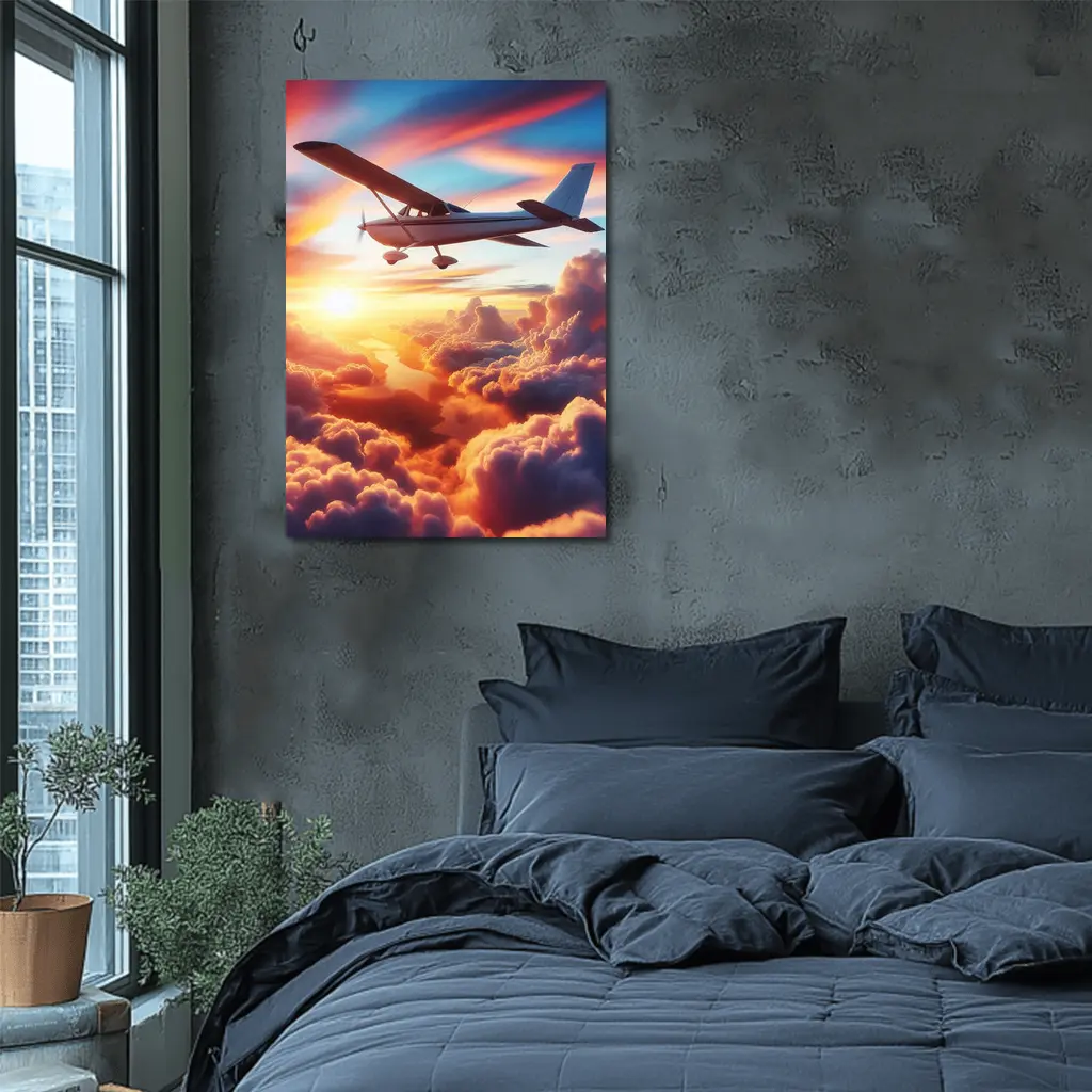 Small Plane Flying Above Sunset Clouds – Wall Art