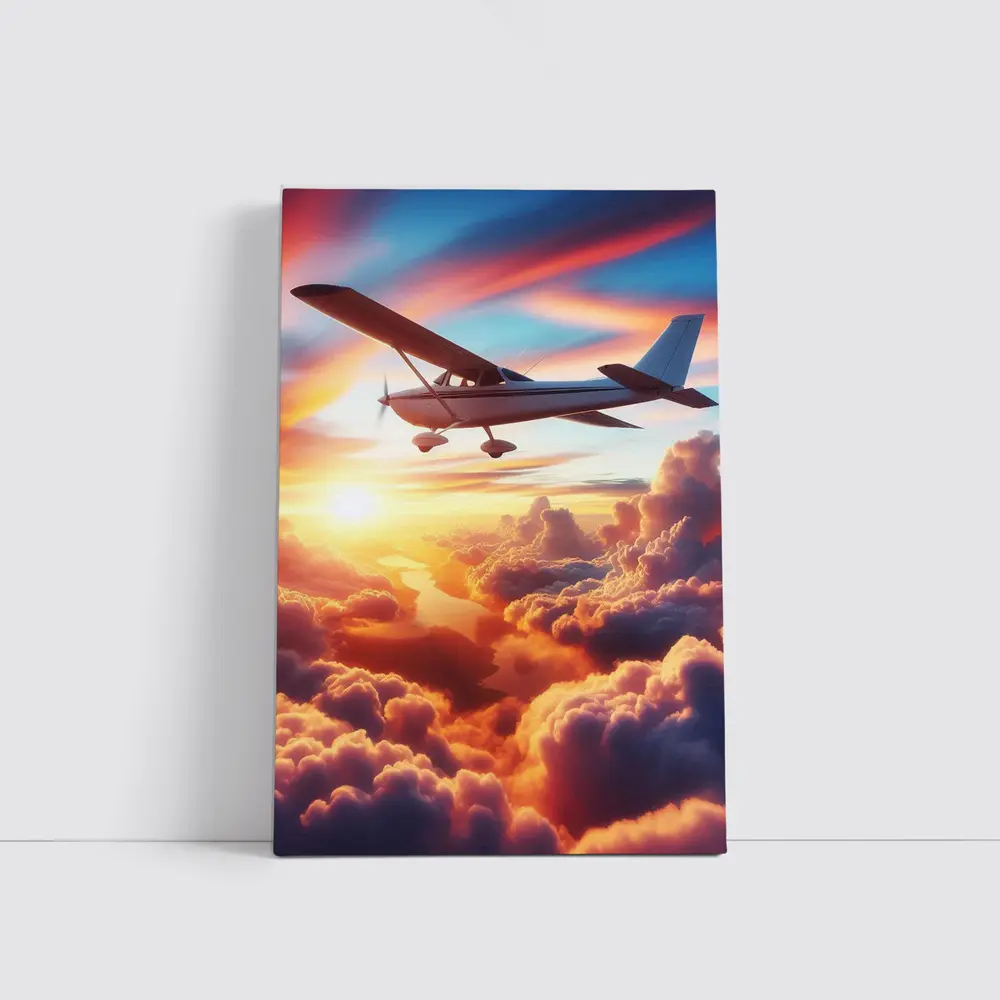 Small Plane Flying Above Sunset Clouds – Wall Art